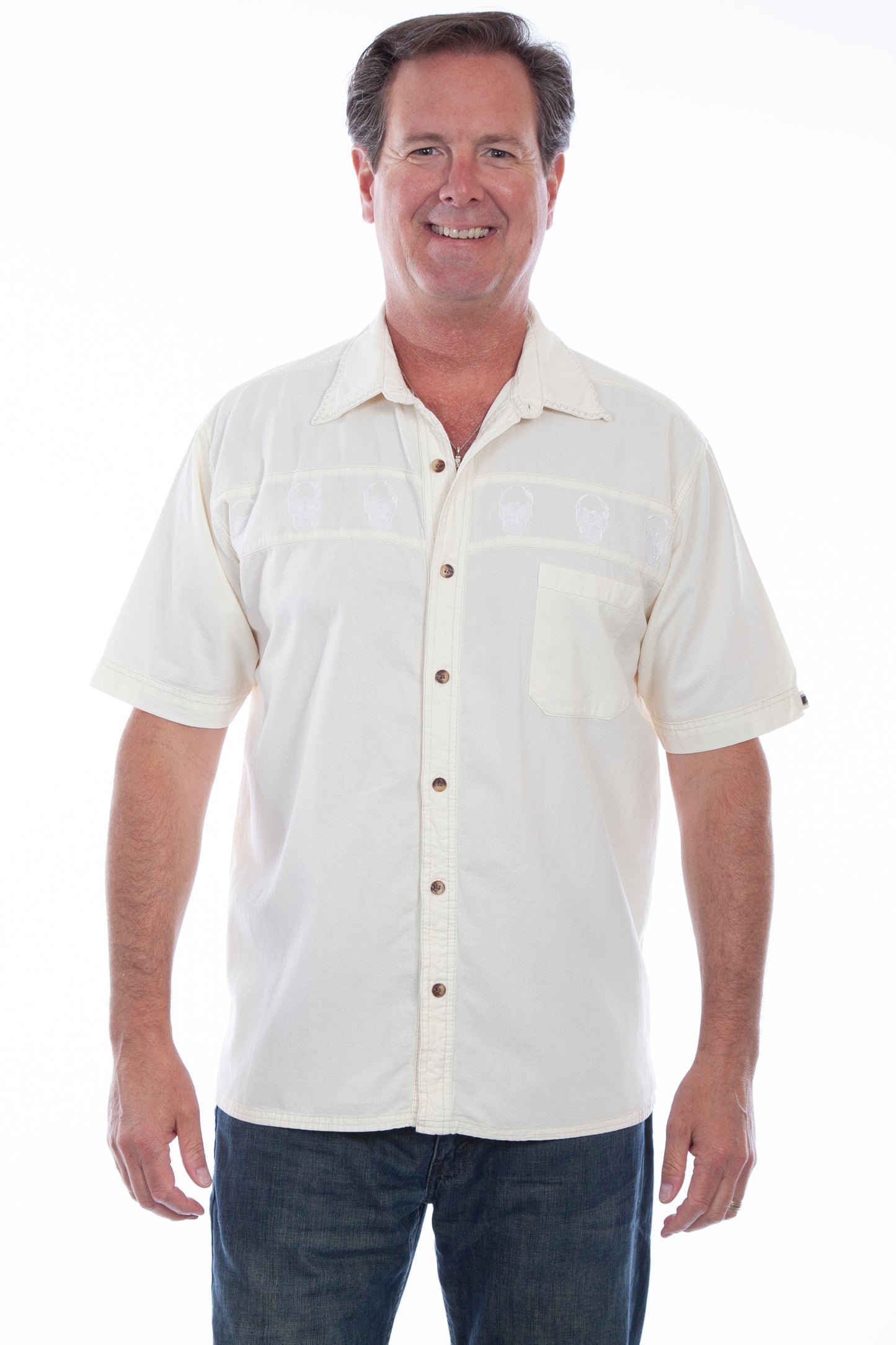 Scully Western Men's Embroidered Skull Short Sleeve Shirt in Ivory Distressed