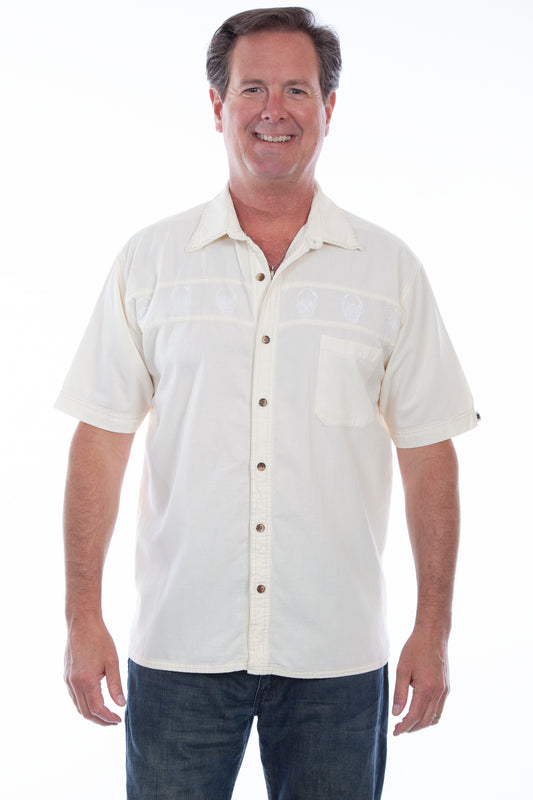 Scully Western Men's Embroidered Skull Short Sleeve Shirt in Ivory Distressed