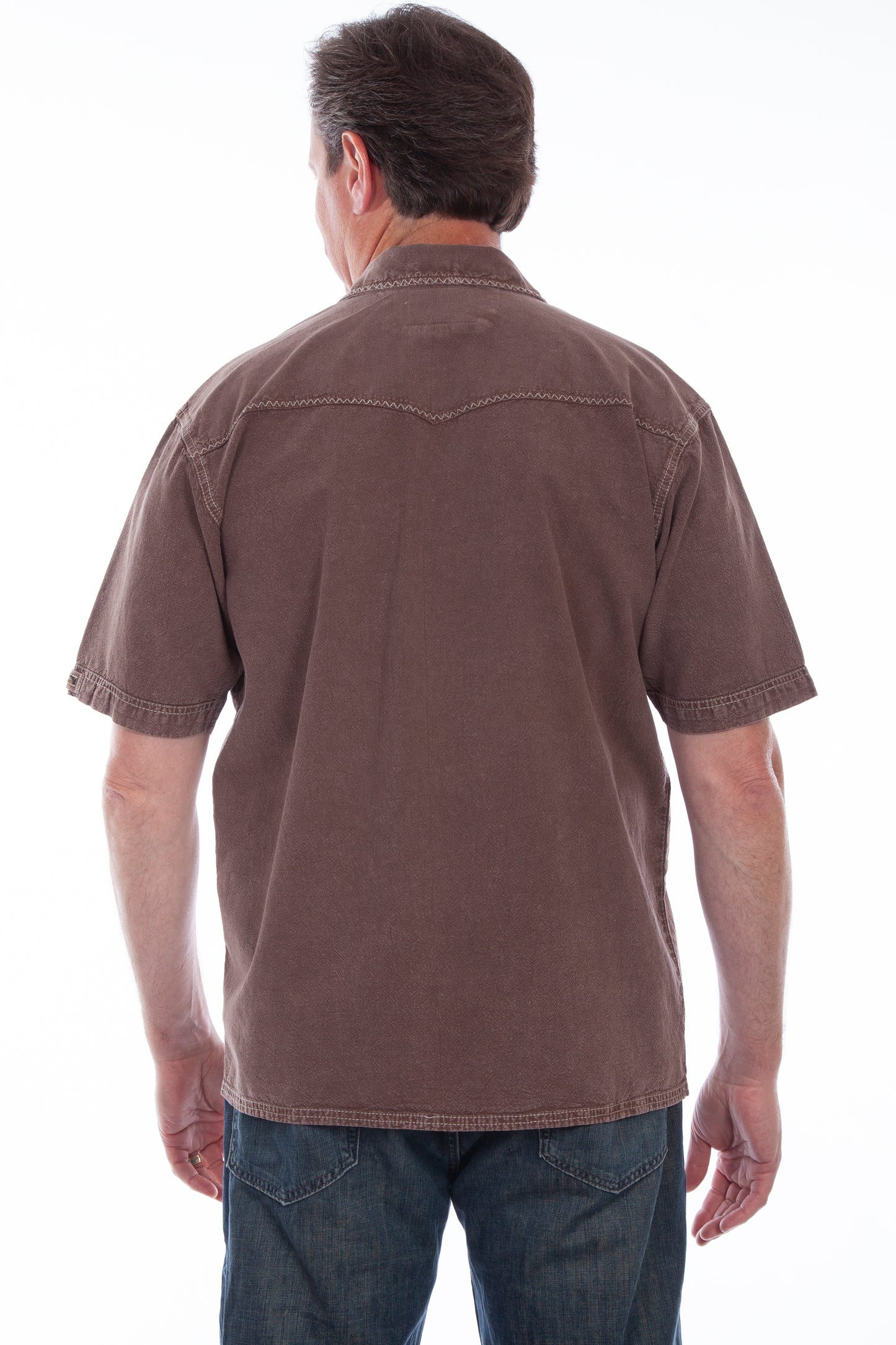 Scully Western Men's Embroidered Bronco Rider Short Sleeve Shirt in Latte Distressed