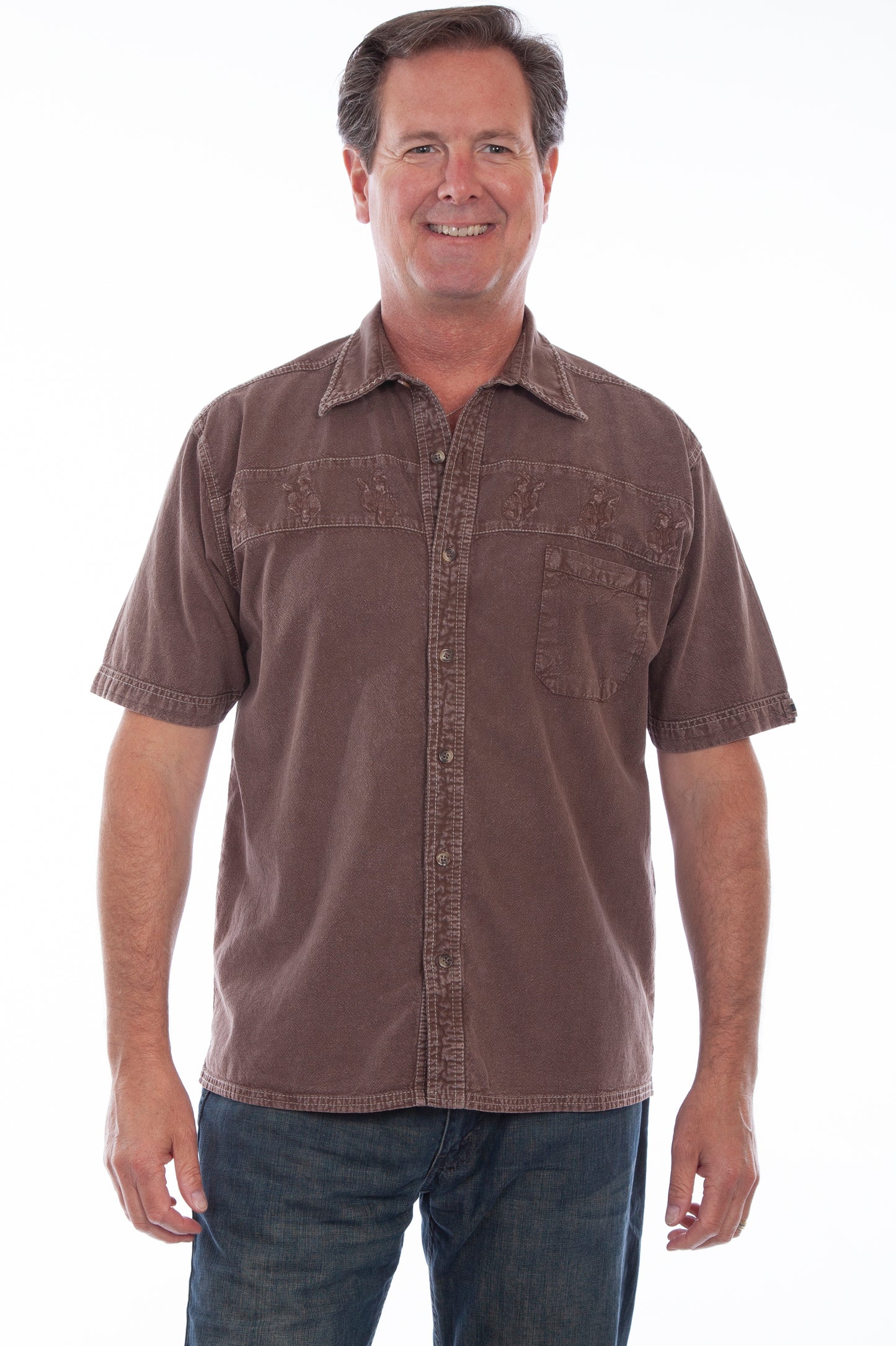 Scully Western Men's Embroidered Bronco Rider Short Sleeve Shirt in Latte Distressed