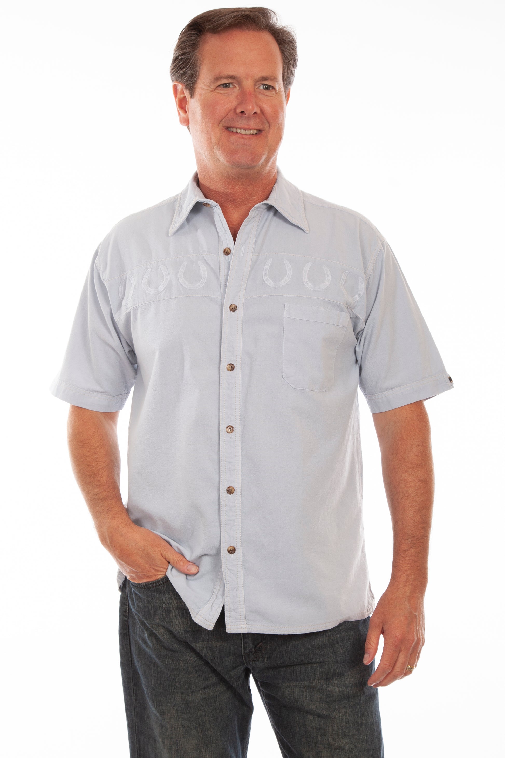 Scully Western Men's Embroidered Horseshoe Short Sleeve Shirt in Ice Grey