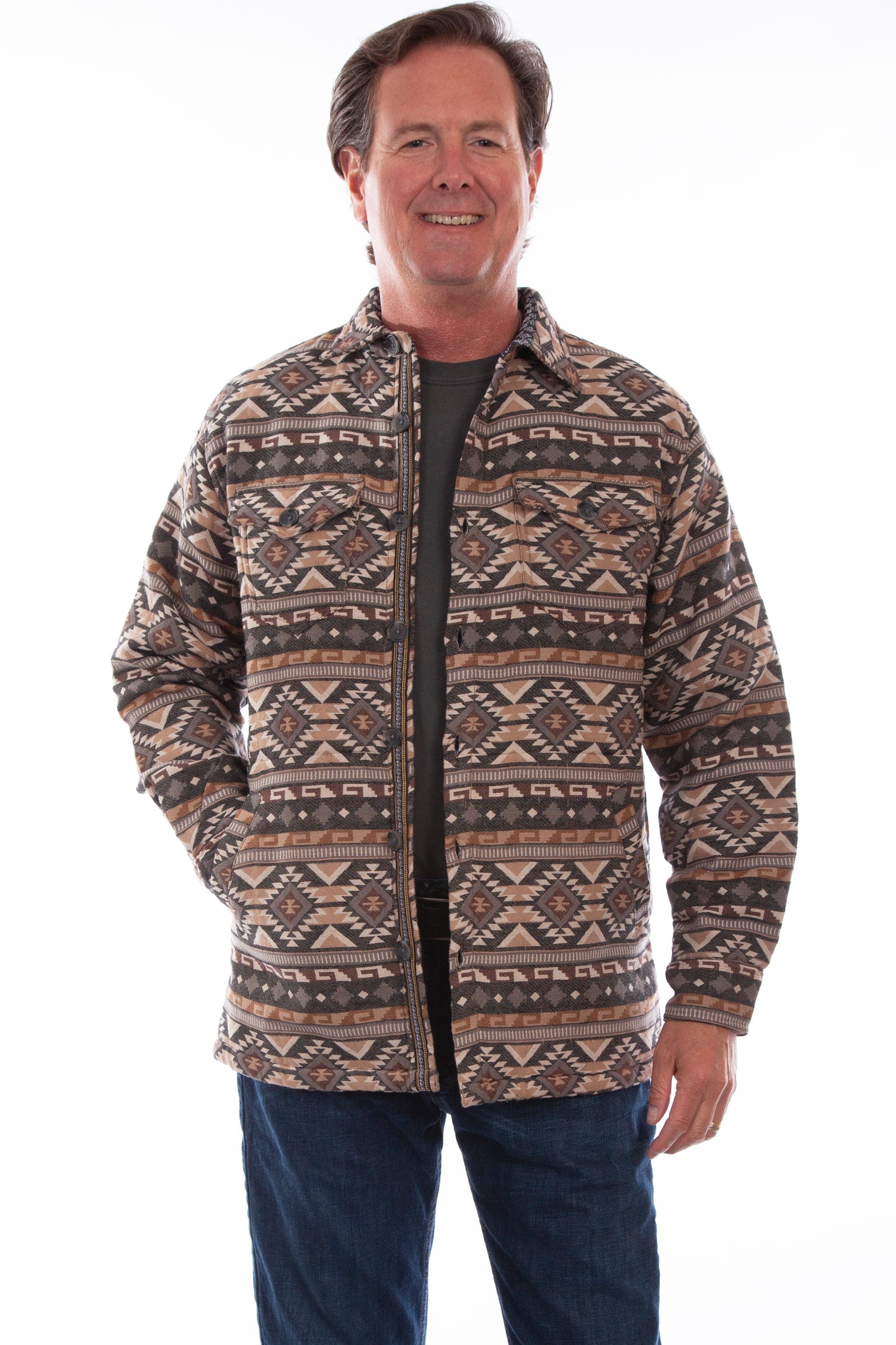 Scully Western Men's South Stripe Print Jacquard Shacket in Tan