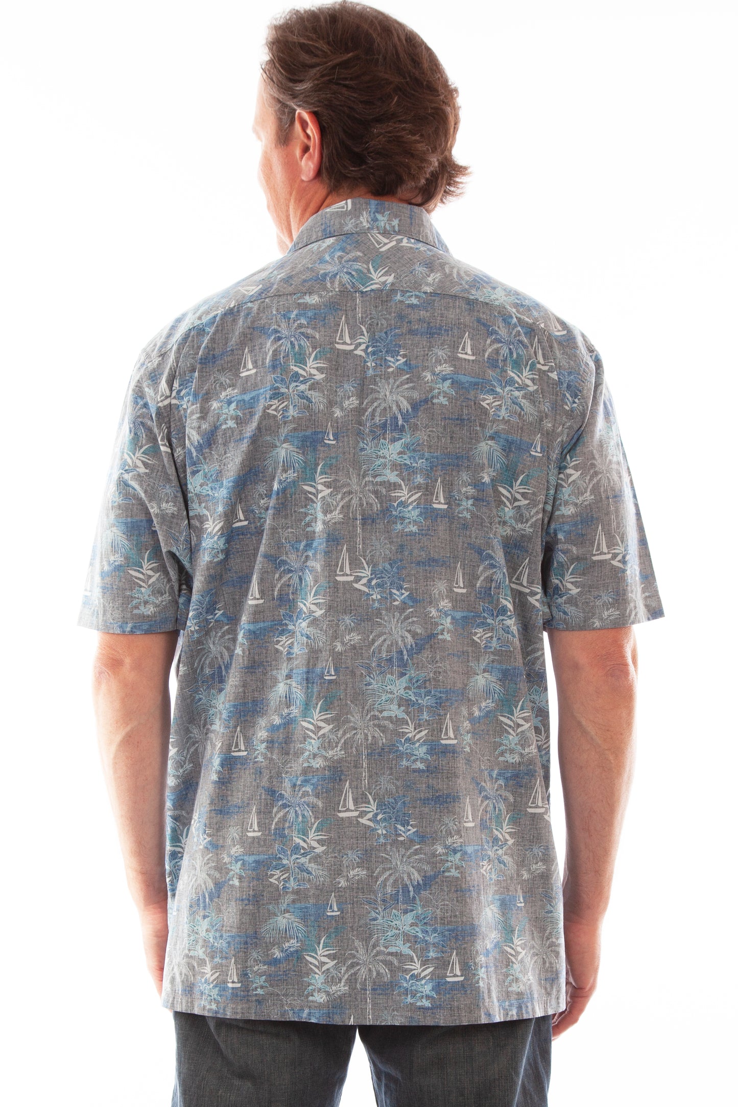 Scully Western Men's Palm Tree Print Button Down T- Shirt in Grey