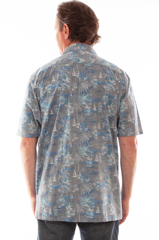 Scully Western Men's Palm Tree Print Button Down T- Shirt in Grey