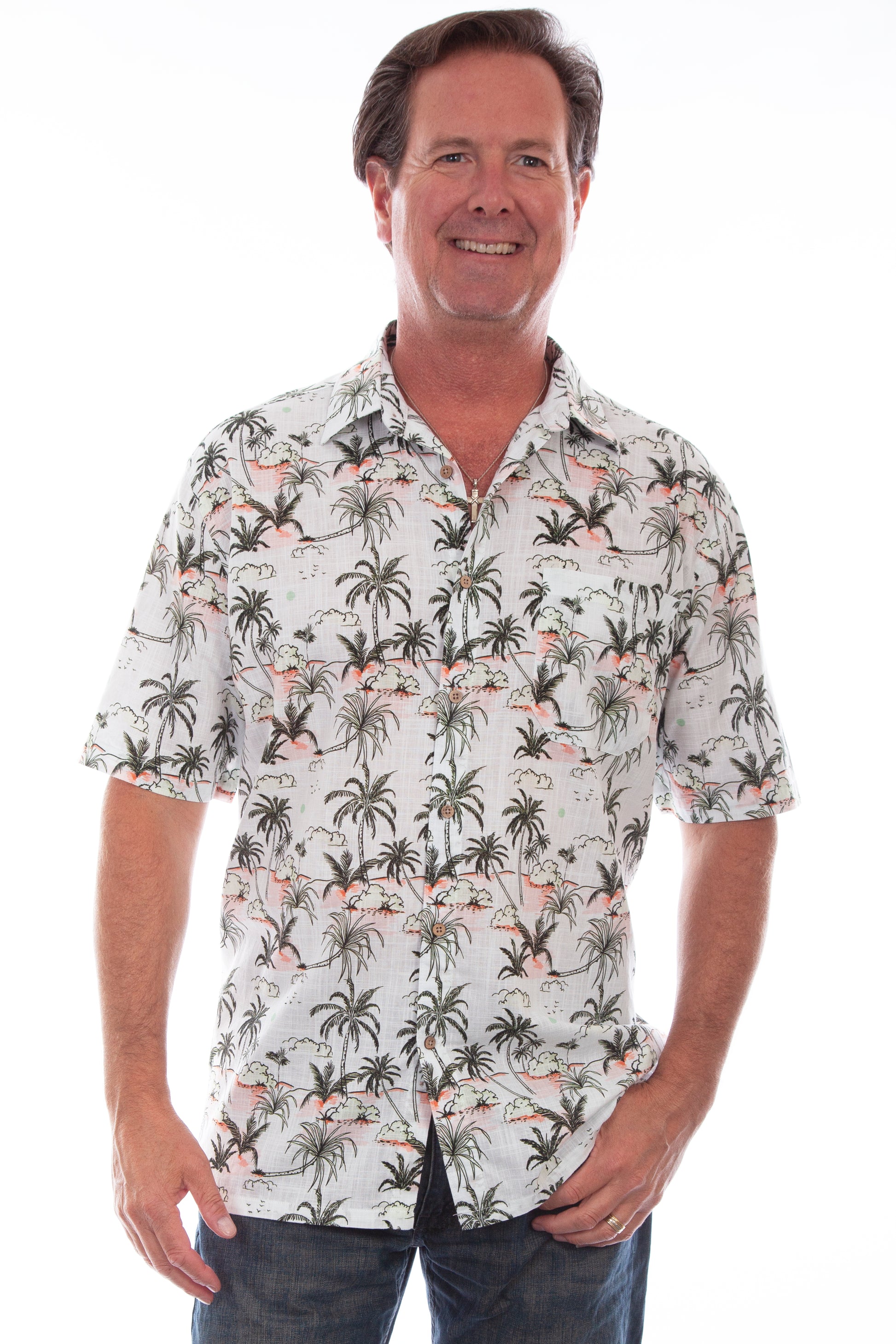 Scully Western Men's Palm Tree Print Button Down T- Shirt in White