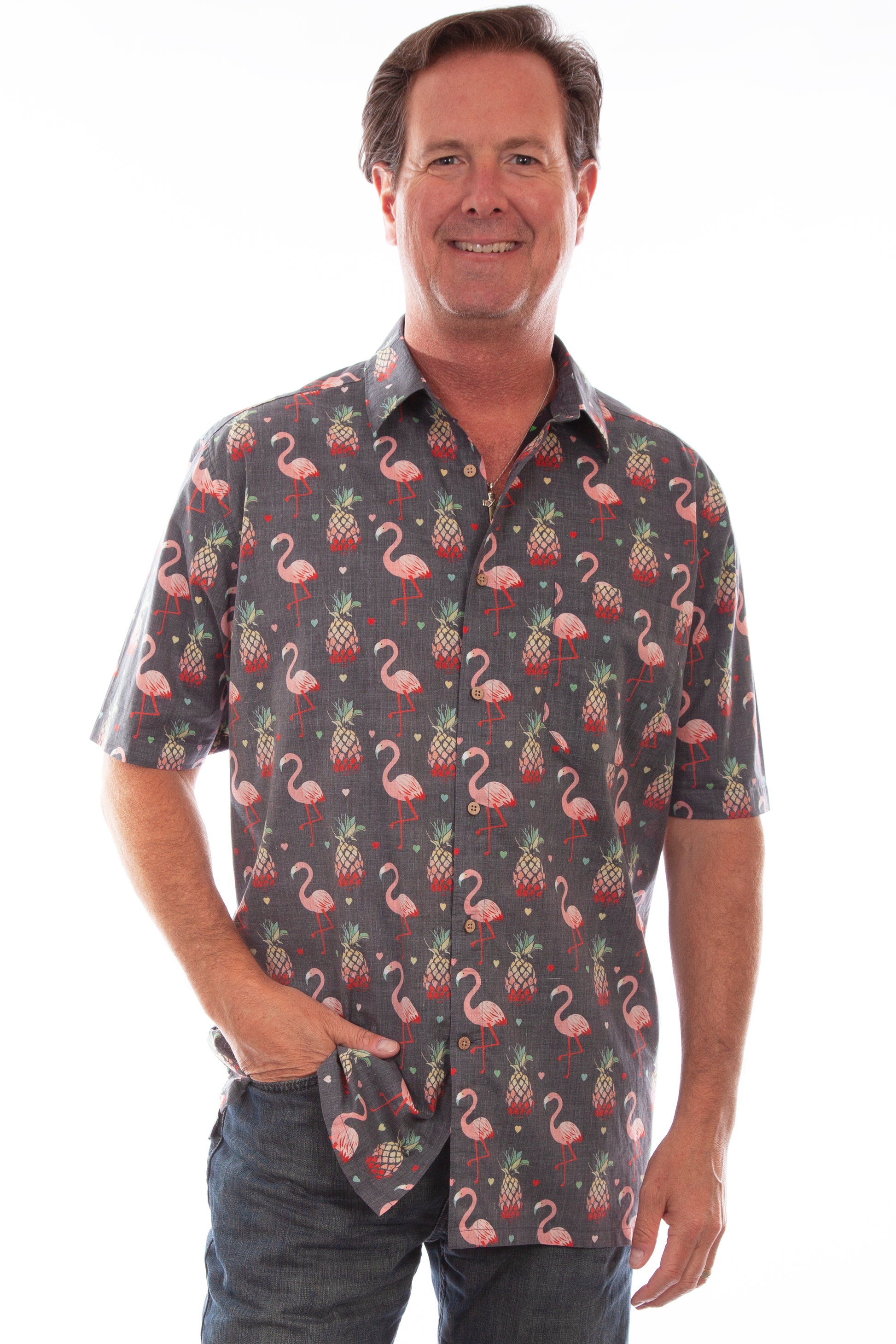 Scully Men's Pineapples and Flamingos Allover Print Short Sleeve Button Down Shirt in Black