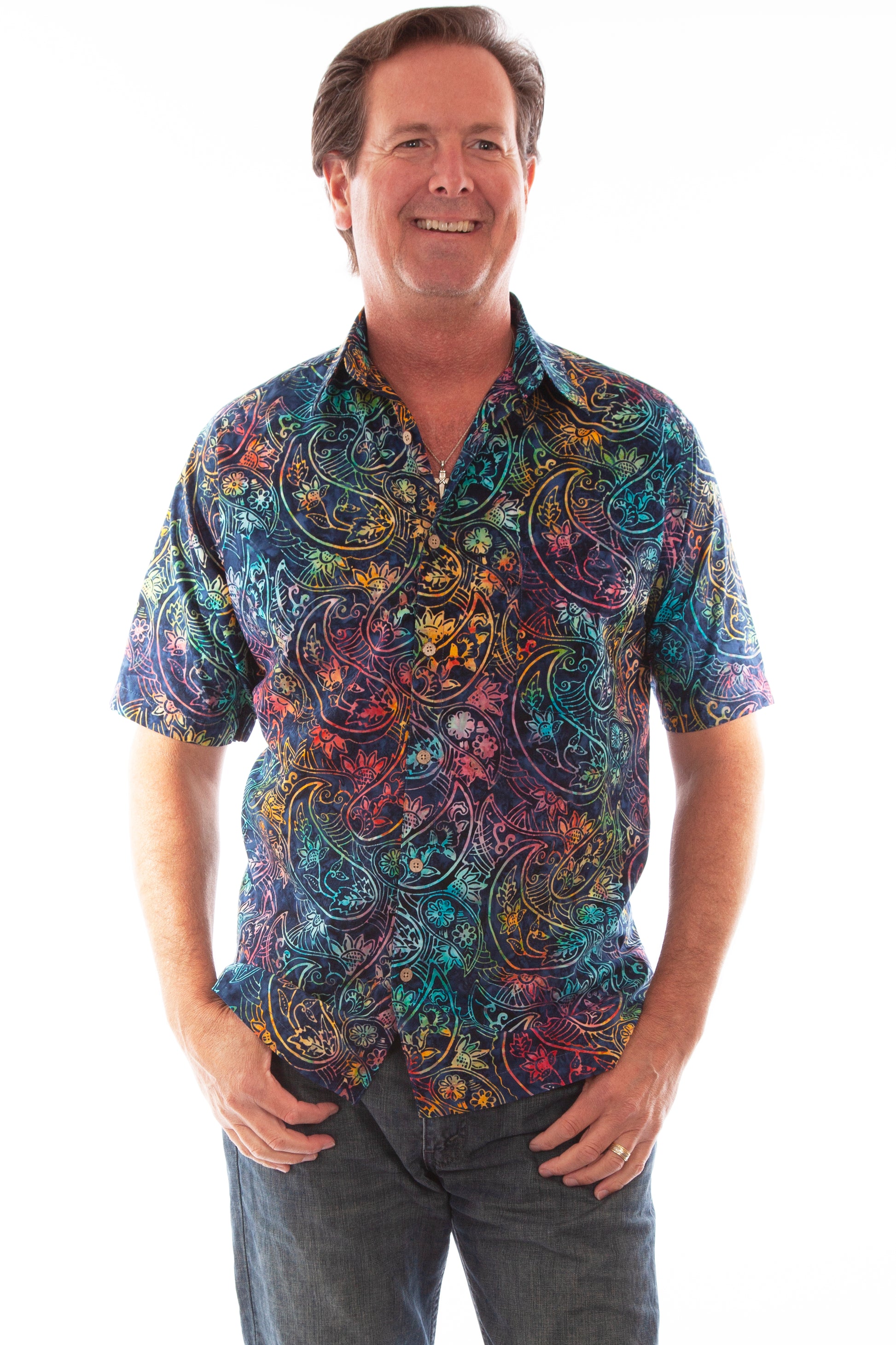 Scully Western Men's Paisley Floral Print Short Sleeve Button Down Shirt in Dark Blue