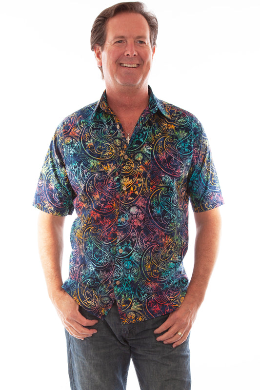 Scully Western Men's Paisley Floral Print Short Sleeve Button Down Shirt in Dark Blue