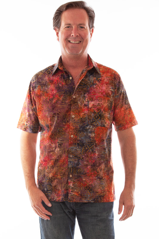 Scully Western Men's Batik Abstract Print Shirt in Currant