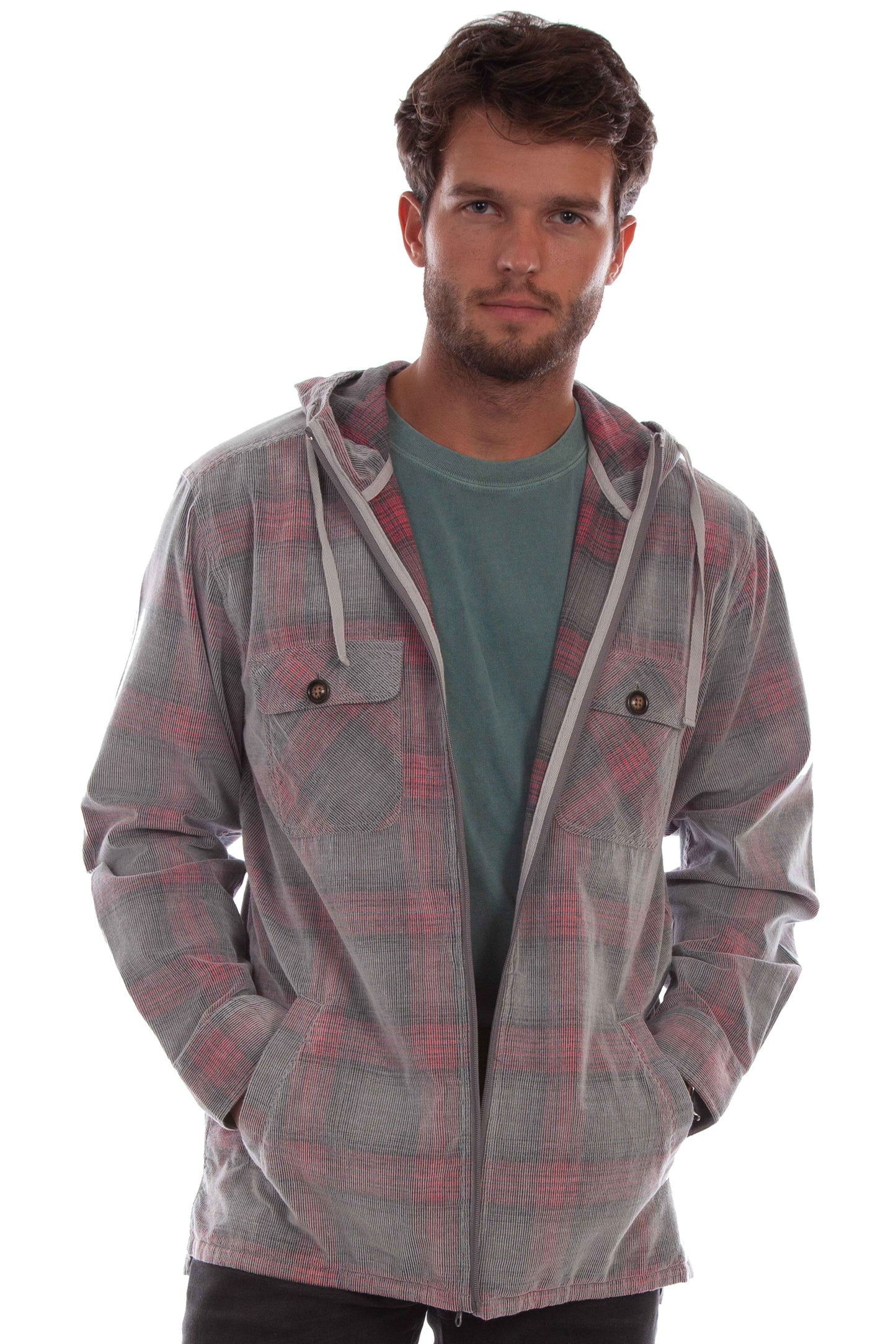 Scully Western Men's Unlined Plaid Corduroy Hoodie Jacket in Gray Red 