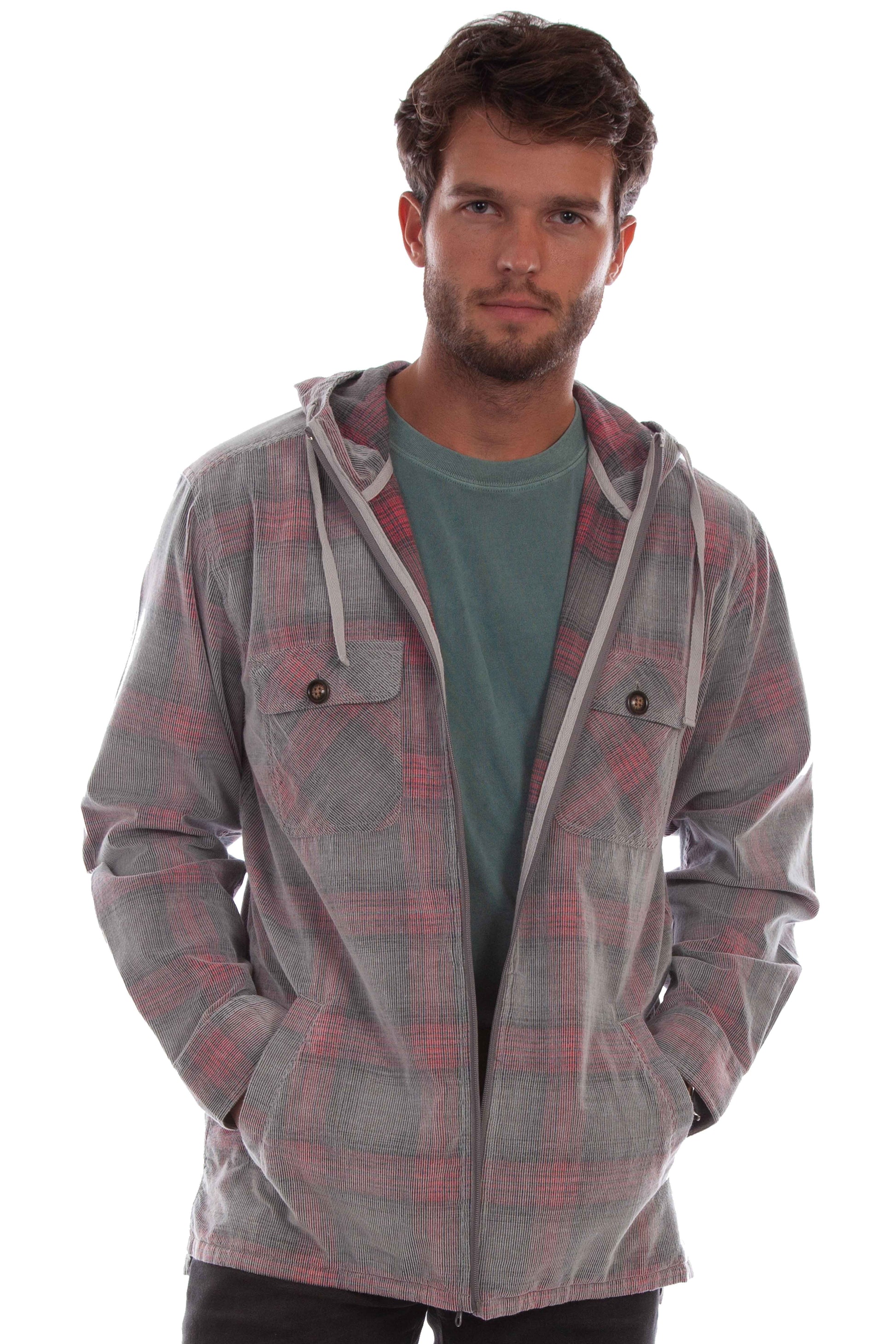 Scully Western Men's Unlined Plaid Corduroy Hoodie Jacket in Gray Red 