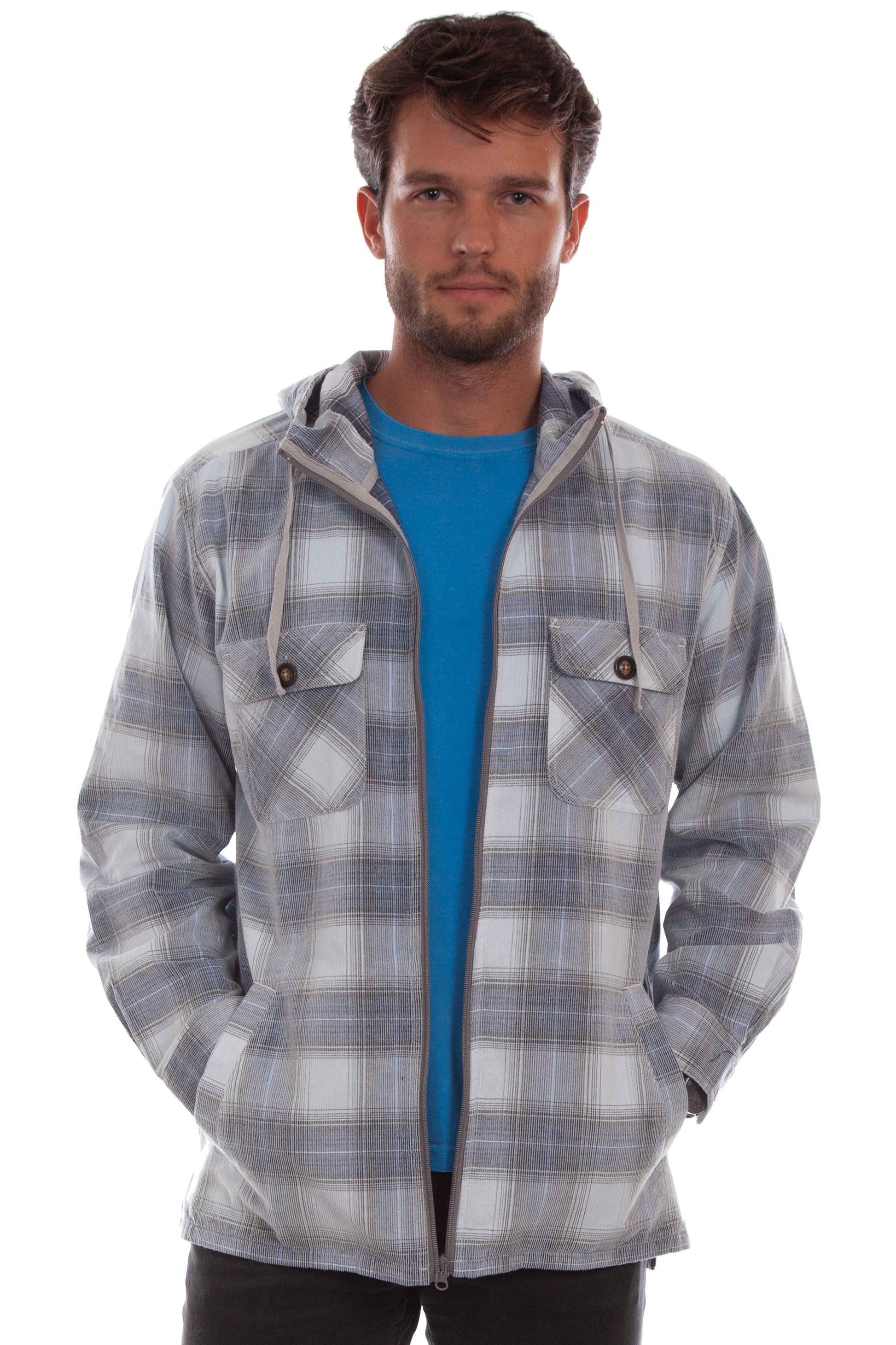 Scully Western Men's Unlined Plaid Corduroy Hoodie Jacket in Blue Gray 