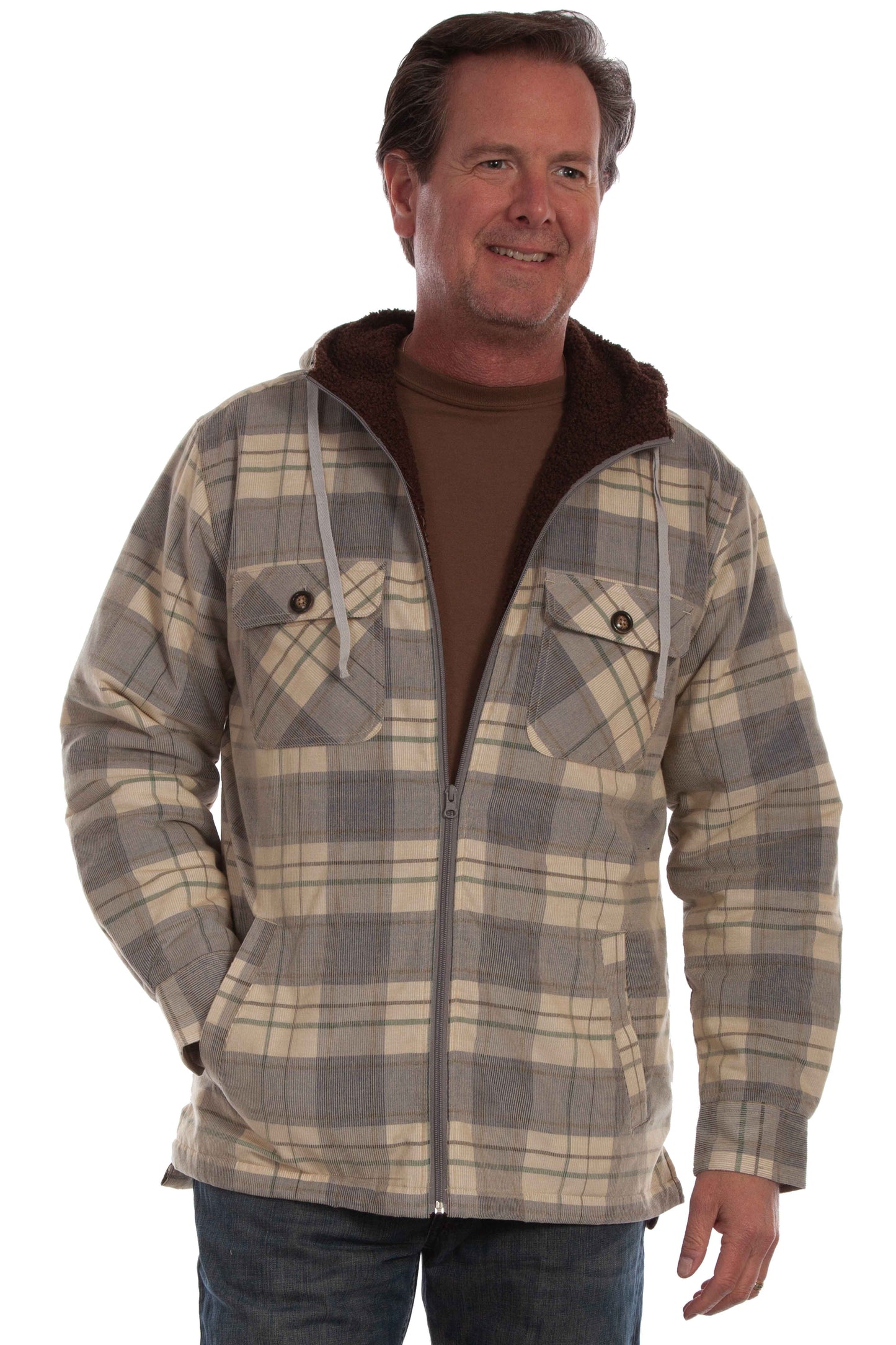 Scully Western Men's Sherpa Lined Plaid Corduroy Hoodie Jacket in Blue Tan