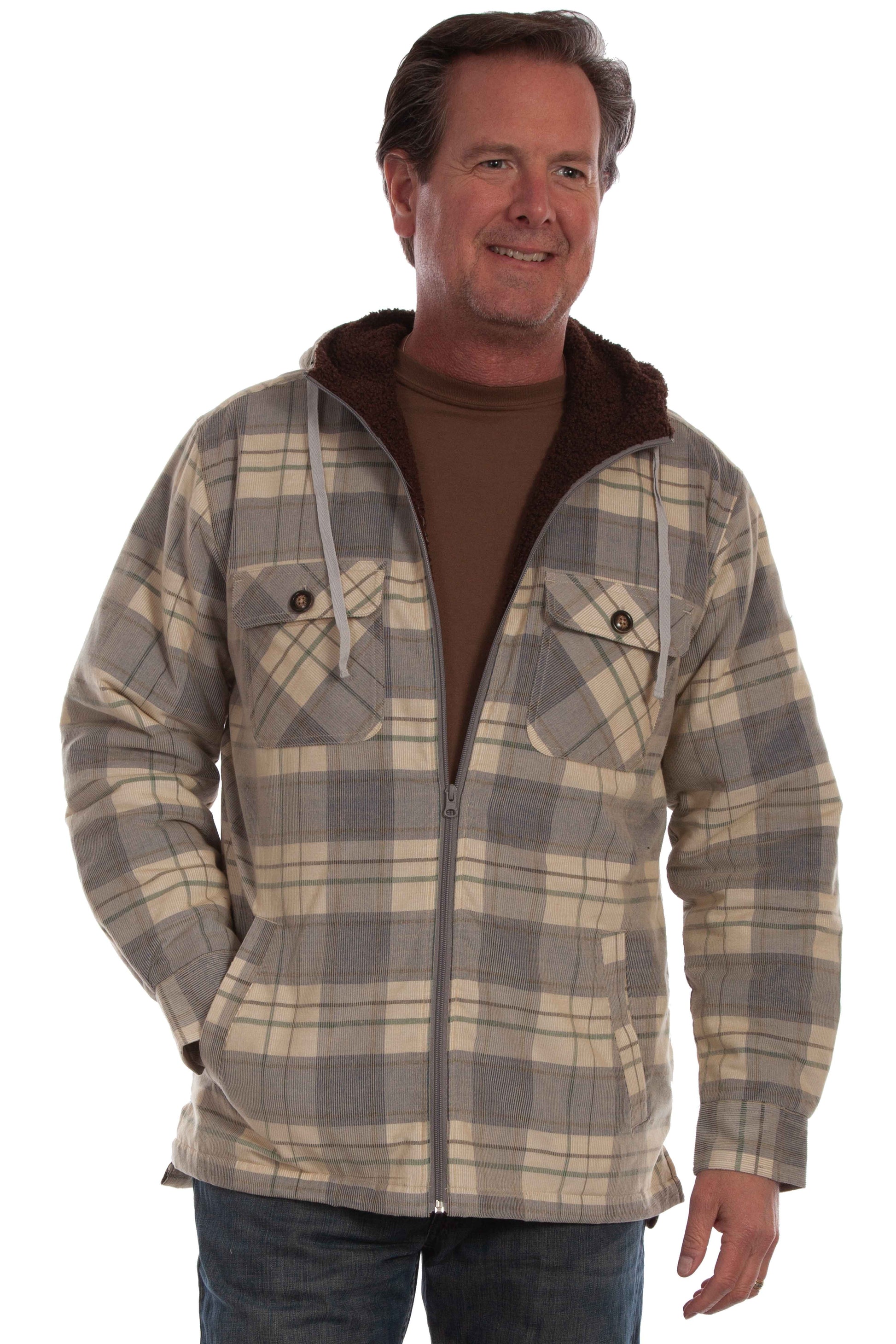 Scully Western Men's Sherpa Lined Plaid Corduroy Hoodie Jacket in Blue Tan