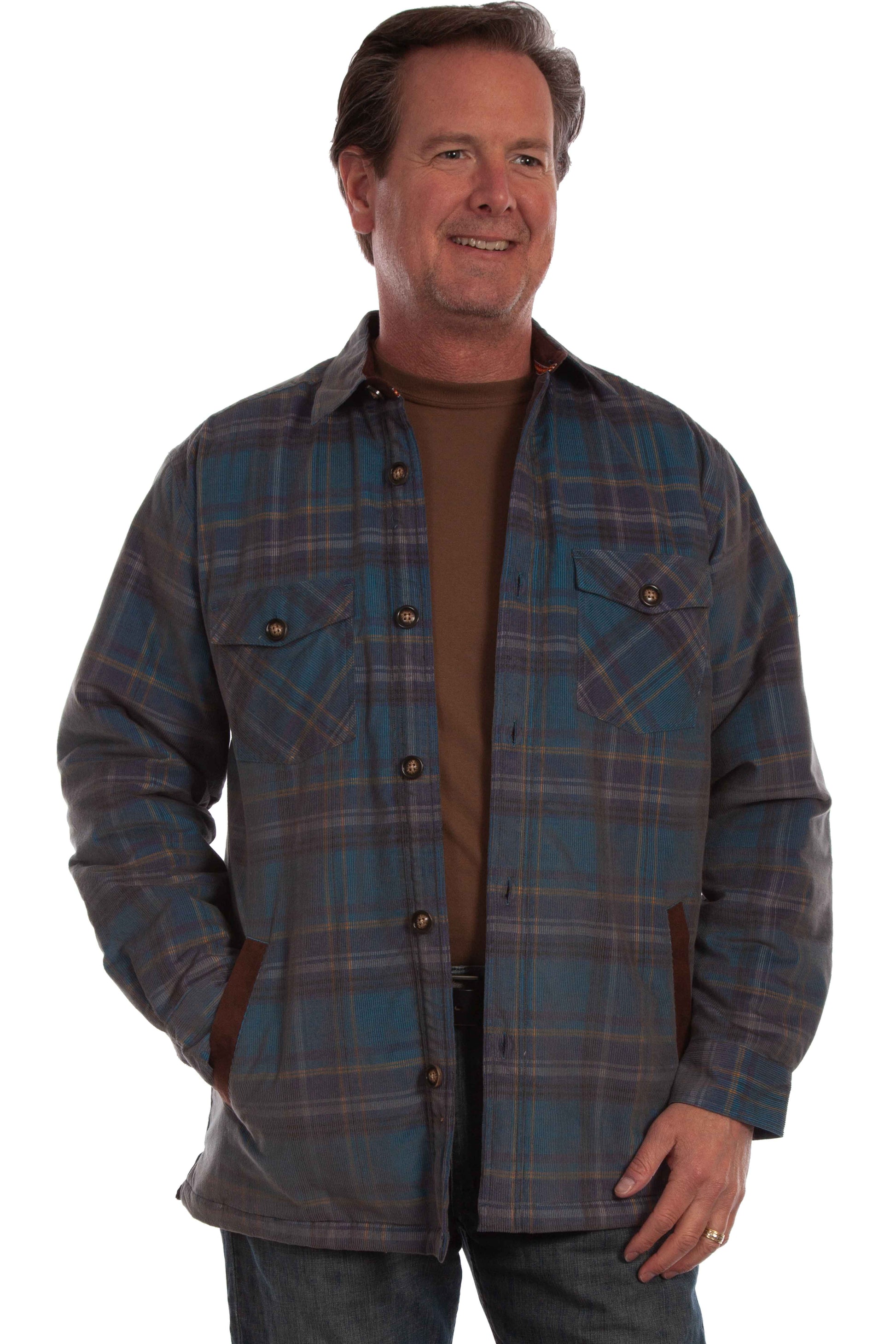 Scully Western Men's Sherpa Lined Plaid Corduroy Hoodie Jacket in Navy