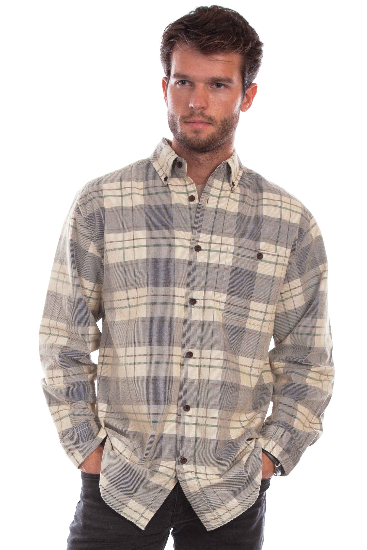 Scully Western Men's Corduroy Plaid Shirt in Blue Tan 