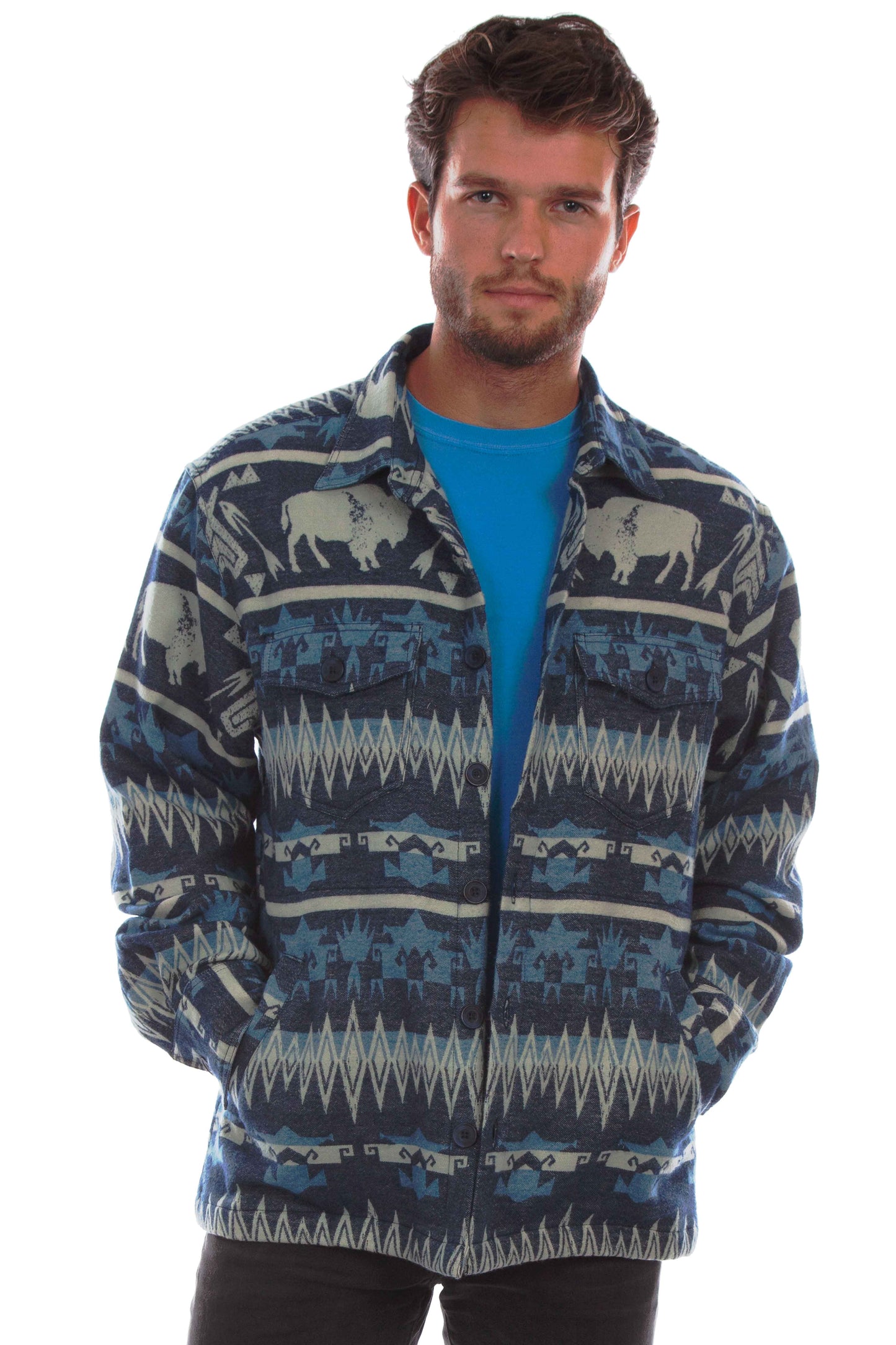 Scully Western Men's Buffalo South Stripe Print Flannel Shacket in Blue