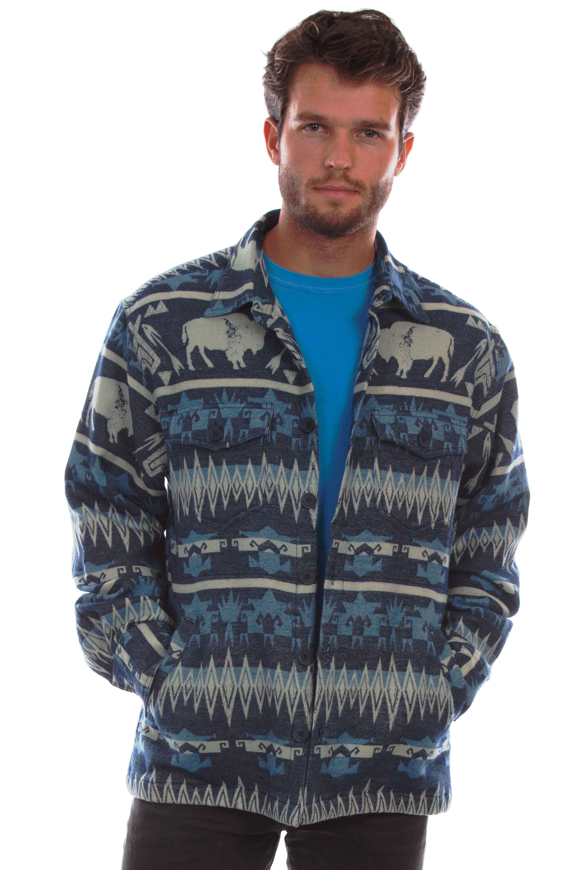 Scully Western Men's Buffalo South Stripe Print Flannel Shacket in Blue