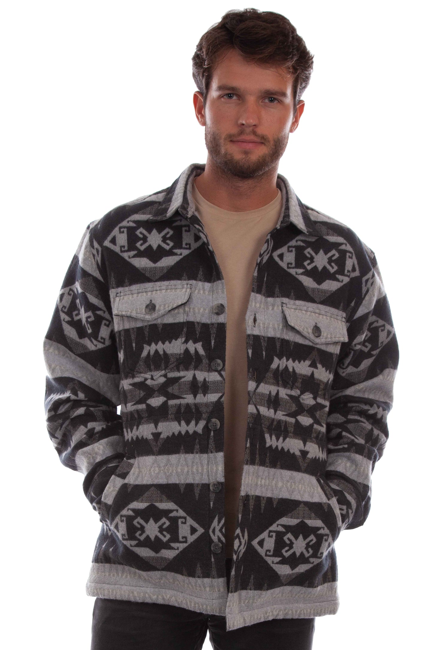 Scully Western Men's South Stripe Print Jacquard Flannel Shacket in Grey