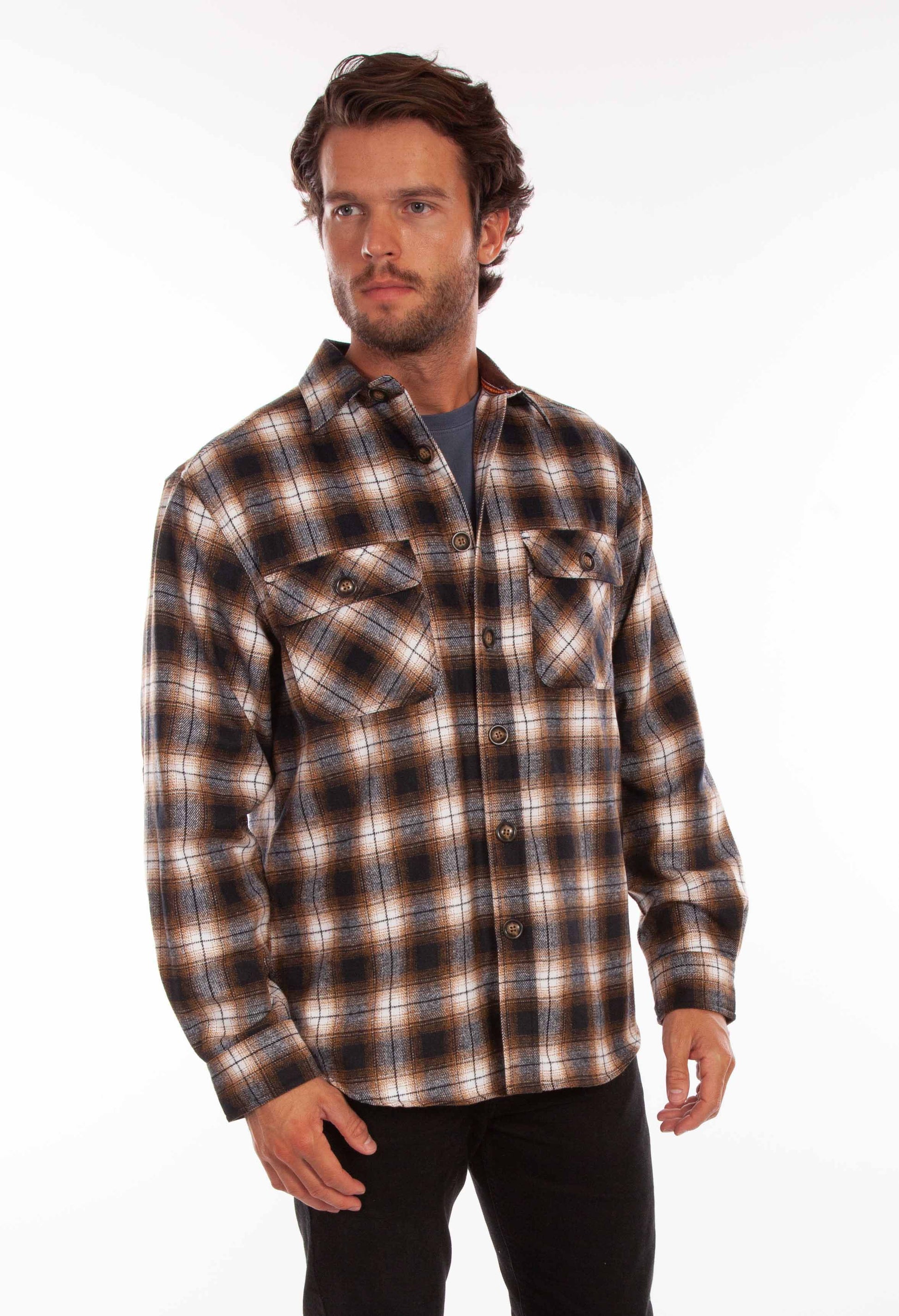Scully Western Men's Medium Weight Wool Blend Flannel Shirt in Brown-Black