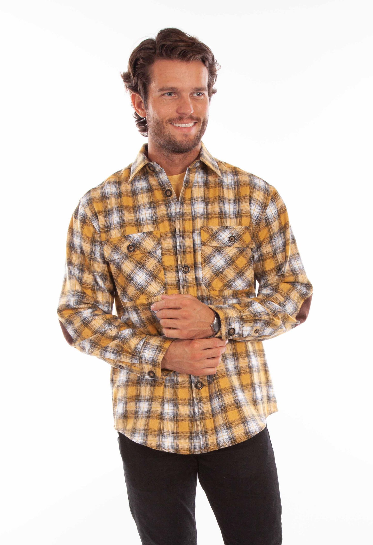 Scully Western Men's Medium Weight Wool Blend Flannel Shirt in Golden-Black