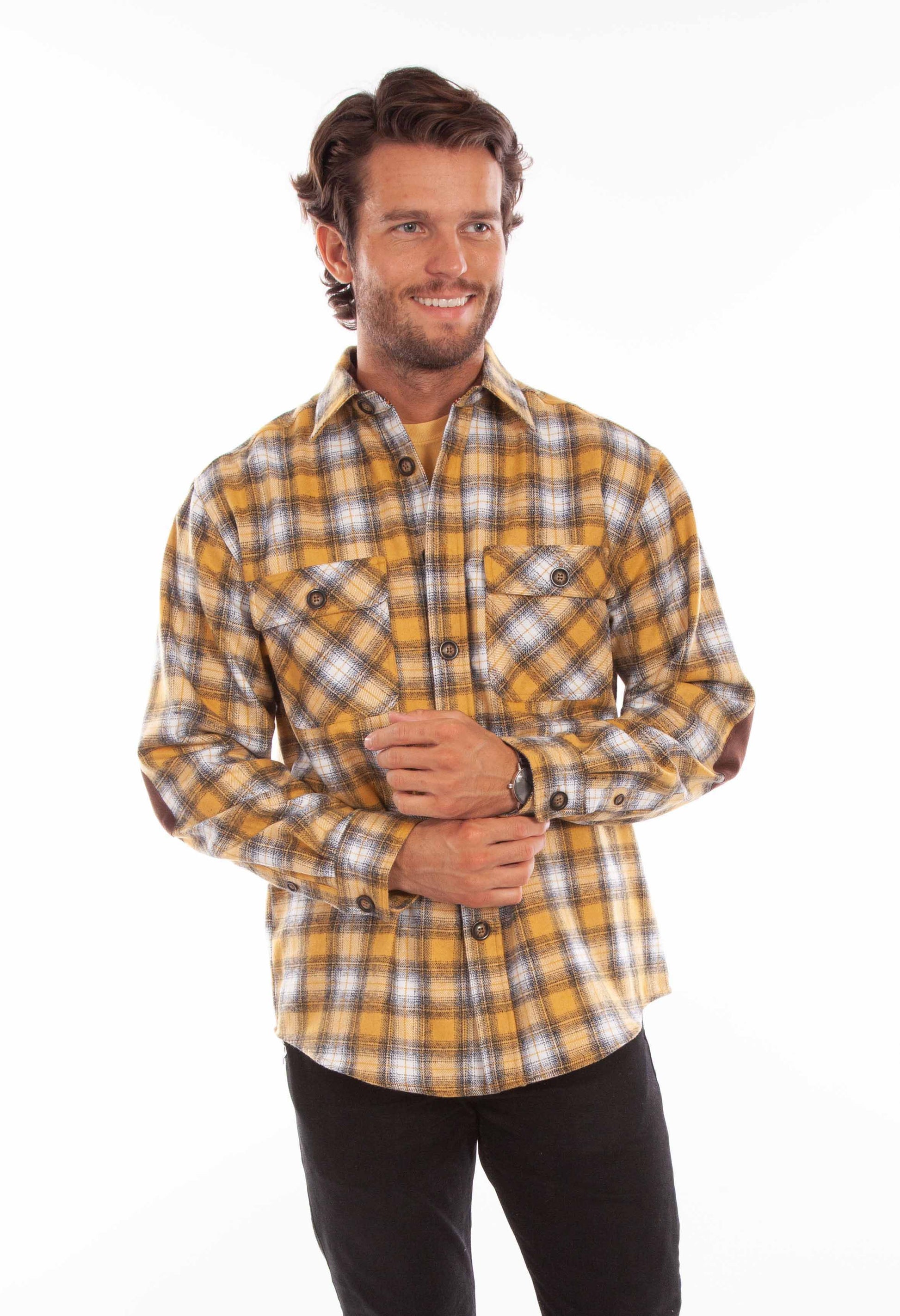 Scully Western Men's Medium Weight Wool Blend Flannel Shirt in Golden-Black