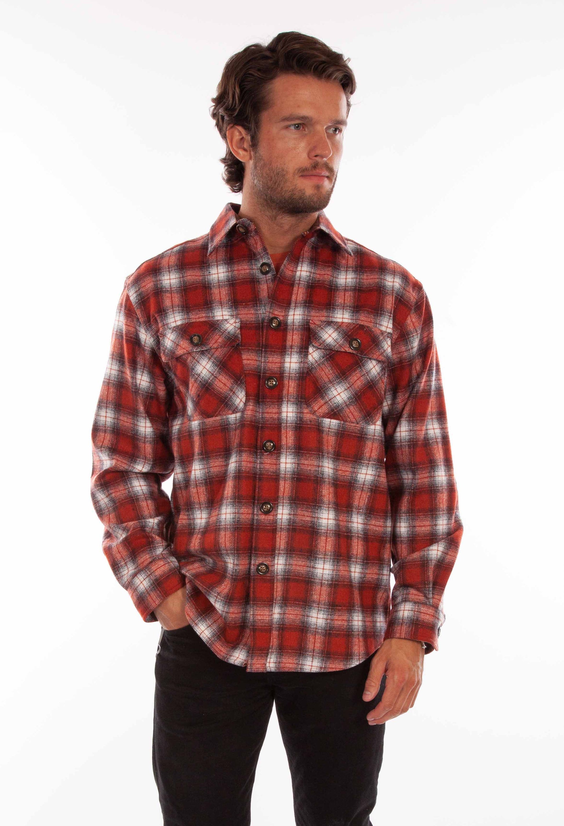 Scully Western Men's Medium Weight Wool Blend Flannel Shirt in Rust-Black