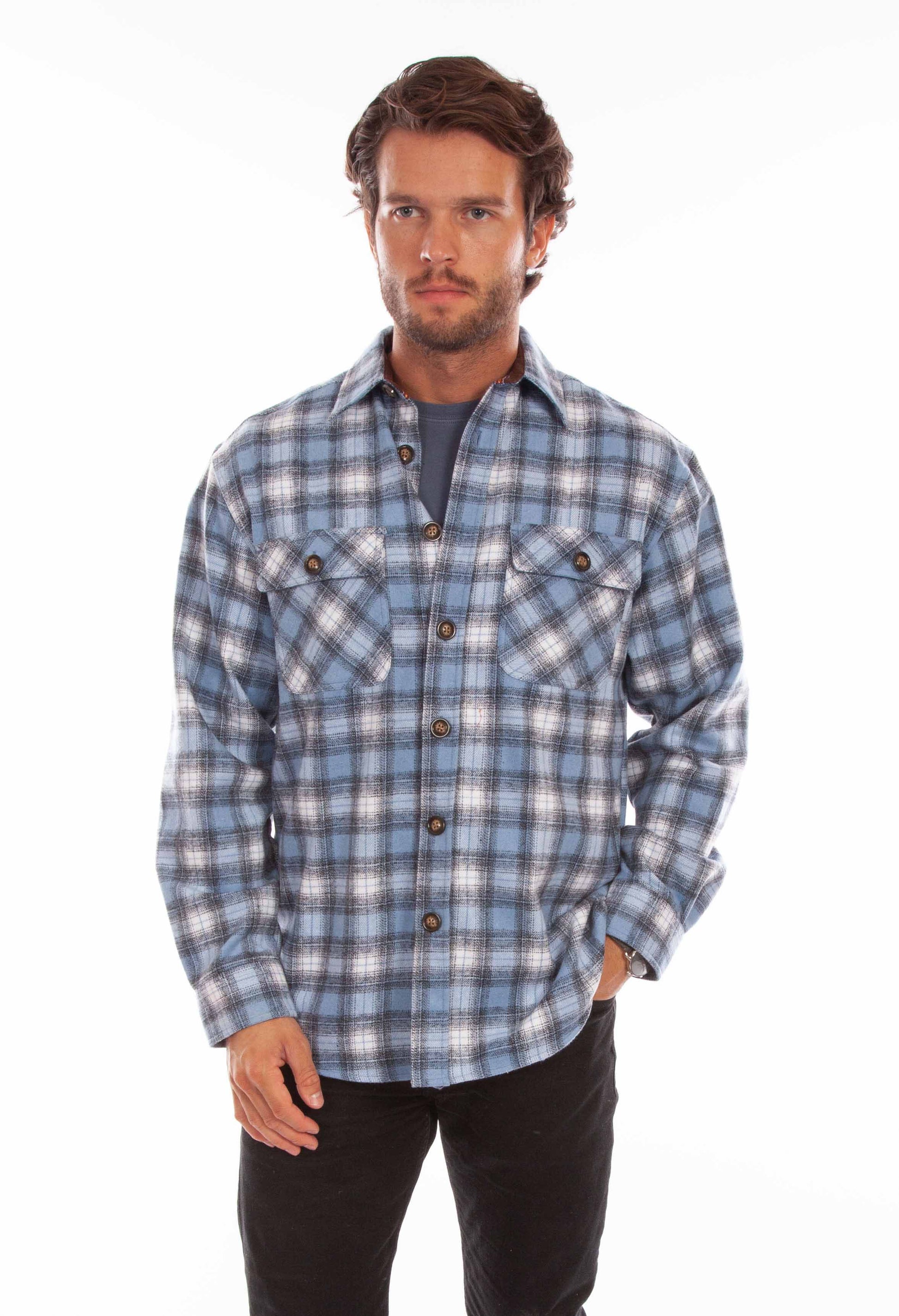 Scully Western Men's Medium Weight Wool Blend Flannel Shirt in Slate Blue-Black