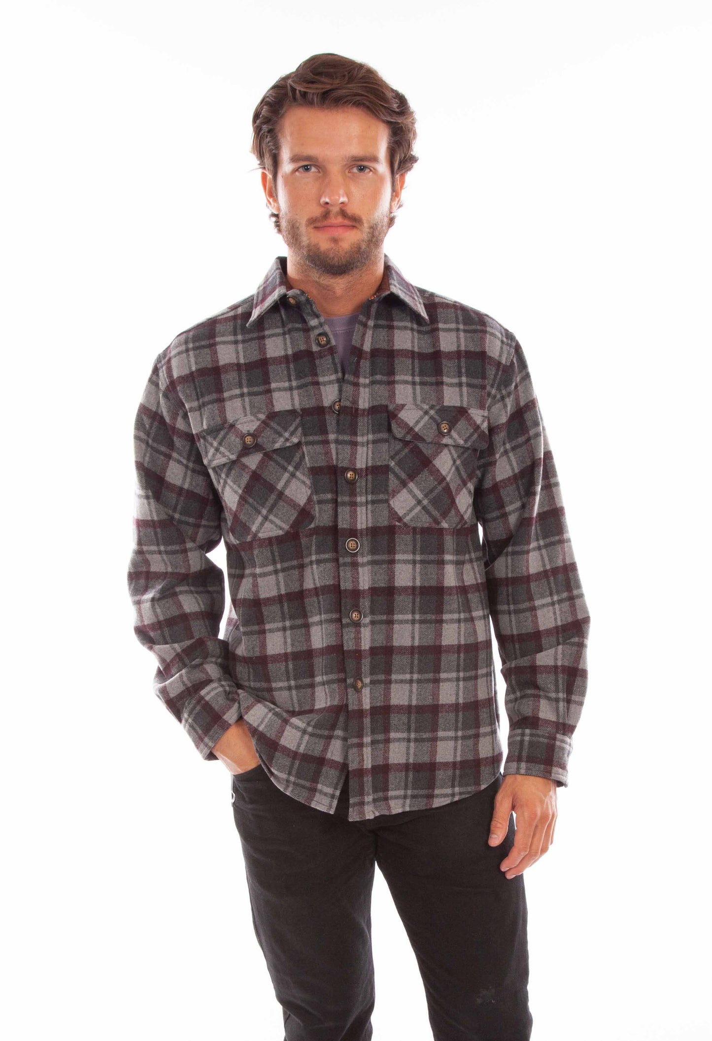 Scully Western Men's Medium Weight Wool Blend Flannel Shirt in Charcoal-Burgundy