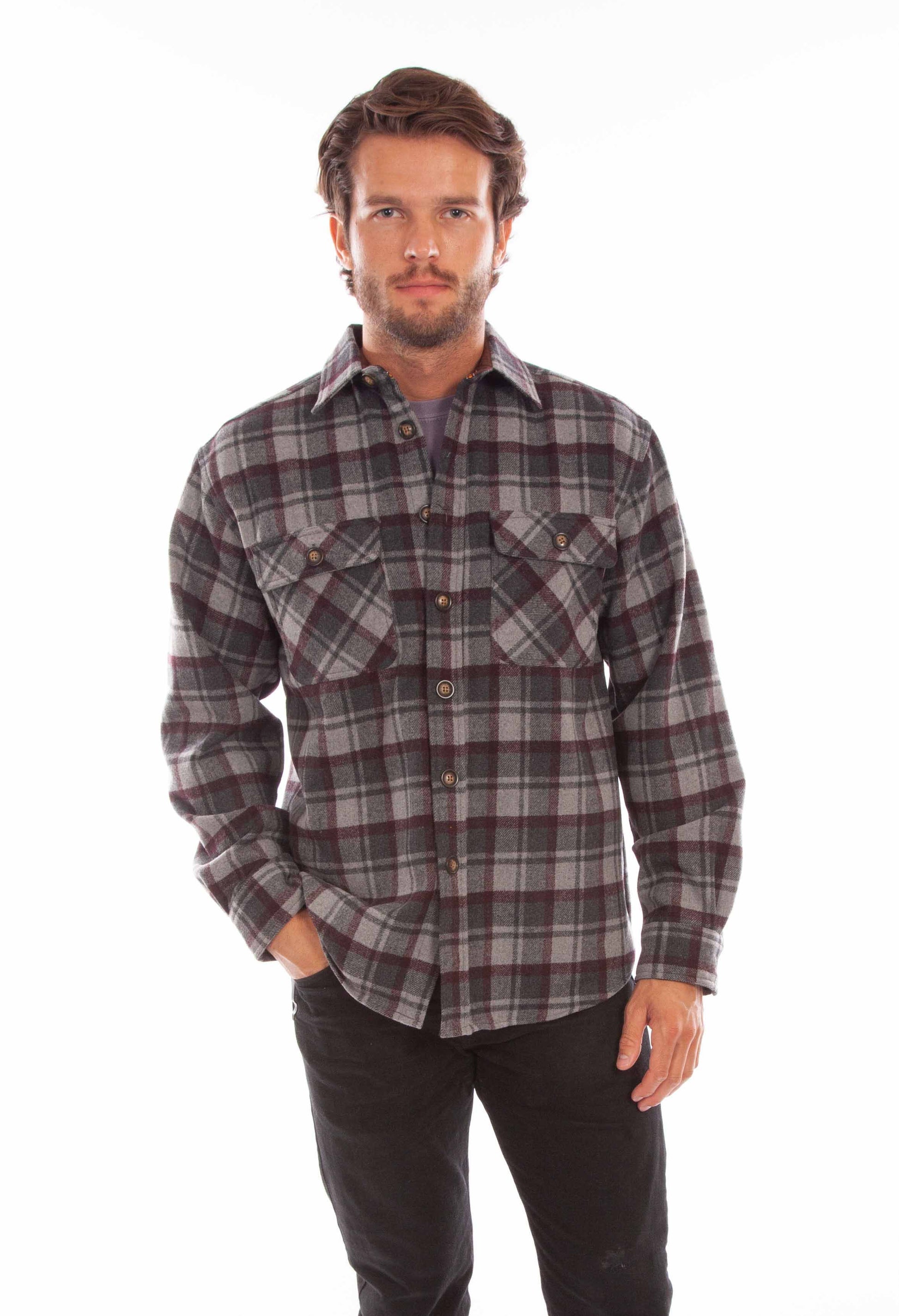 Scully Western Men's Medium Weight Wool Blend Flannel Shirt in Charcoal-Burgundy