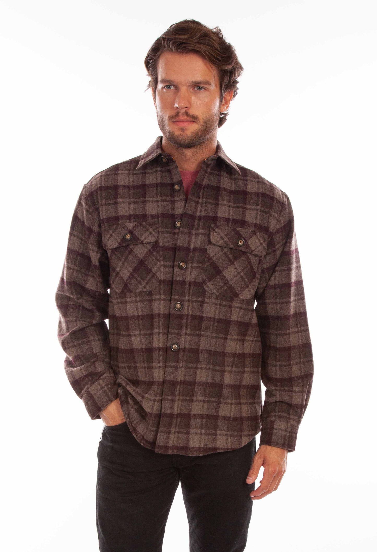 Scully Western Men's Medium Weight Wool Blend Flannel Shirt in Chocolate-Port