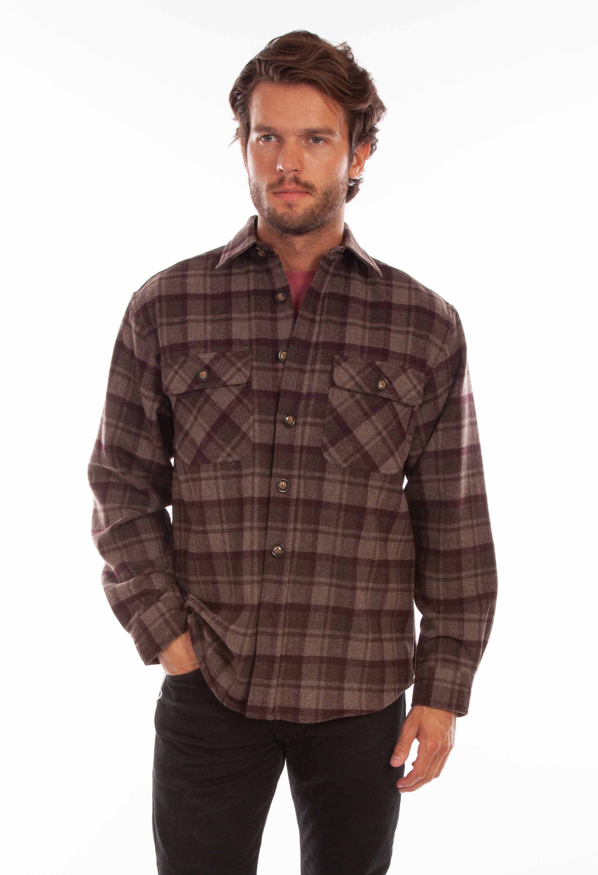 Scully Western Men's Medium Weight Wool Blend Flannel Shirt in Chocolate-Port