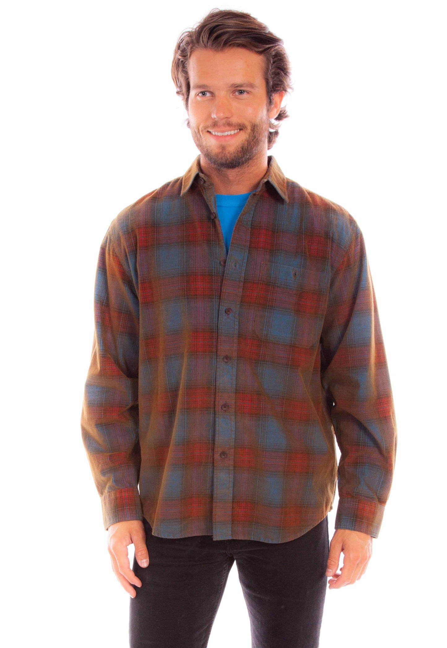 Scully Western Men's Corduroy Plaid Shirt in Red-Blue