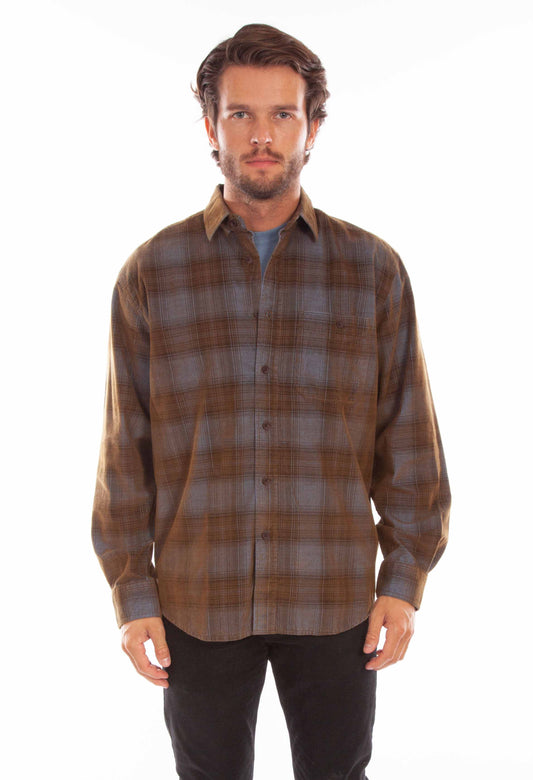 Scully Western Men's Corduroy Plaid Shirt in Blue-Brown