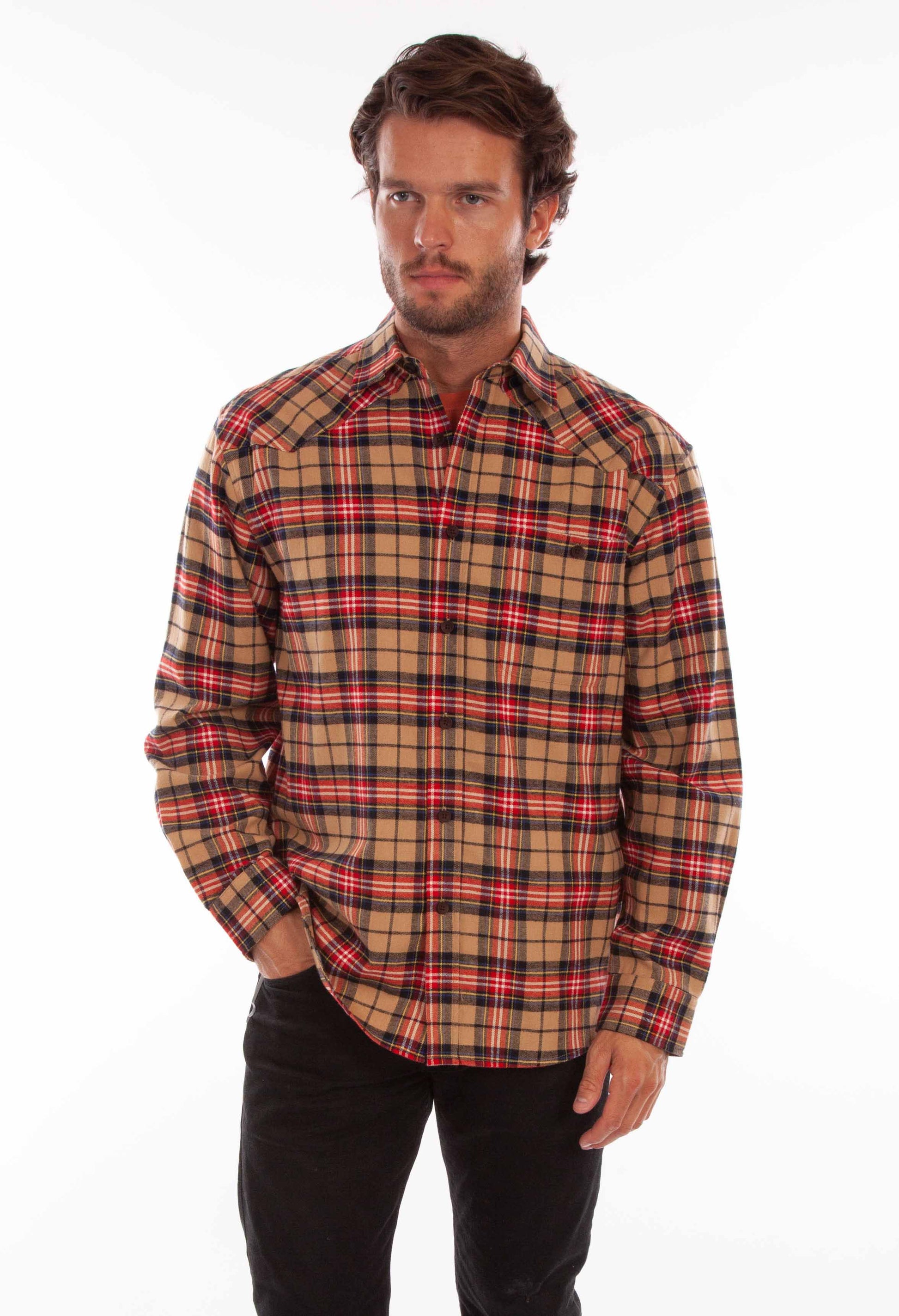 Scully Western Men's Plaid Cotton Flannel Shirt in Tan