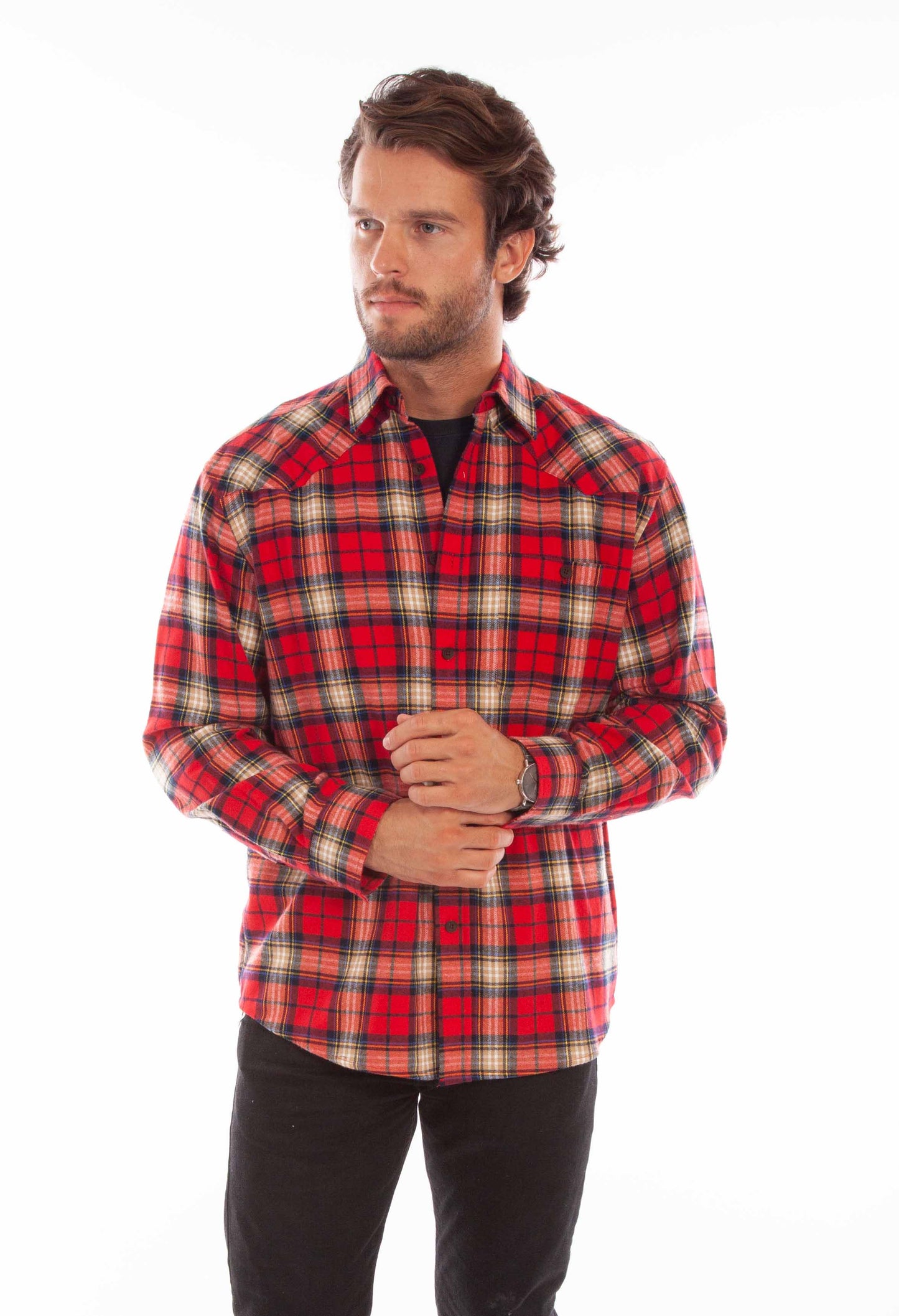 Scully Western Men's Plaid Cotton Flannel Shirt in Red