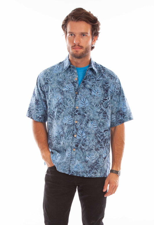 Scully Western Men's Batik Leaf Print Button Shirt in Blue