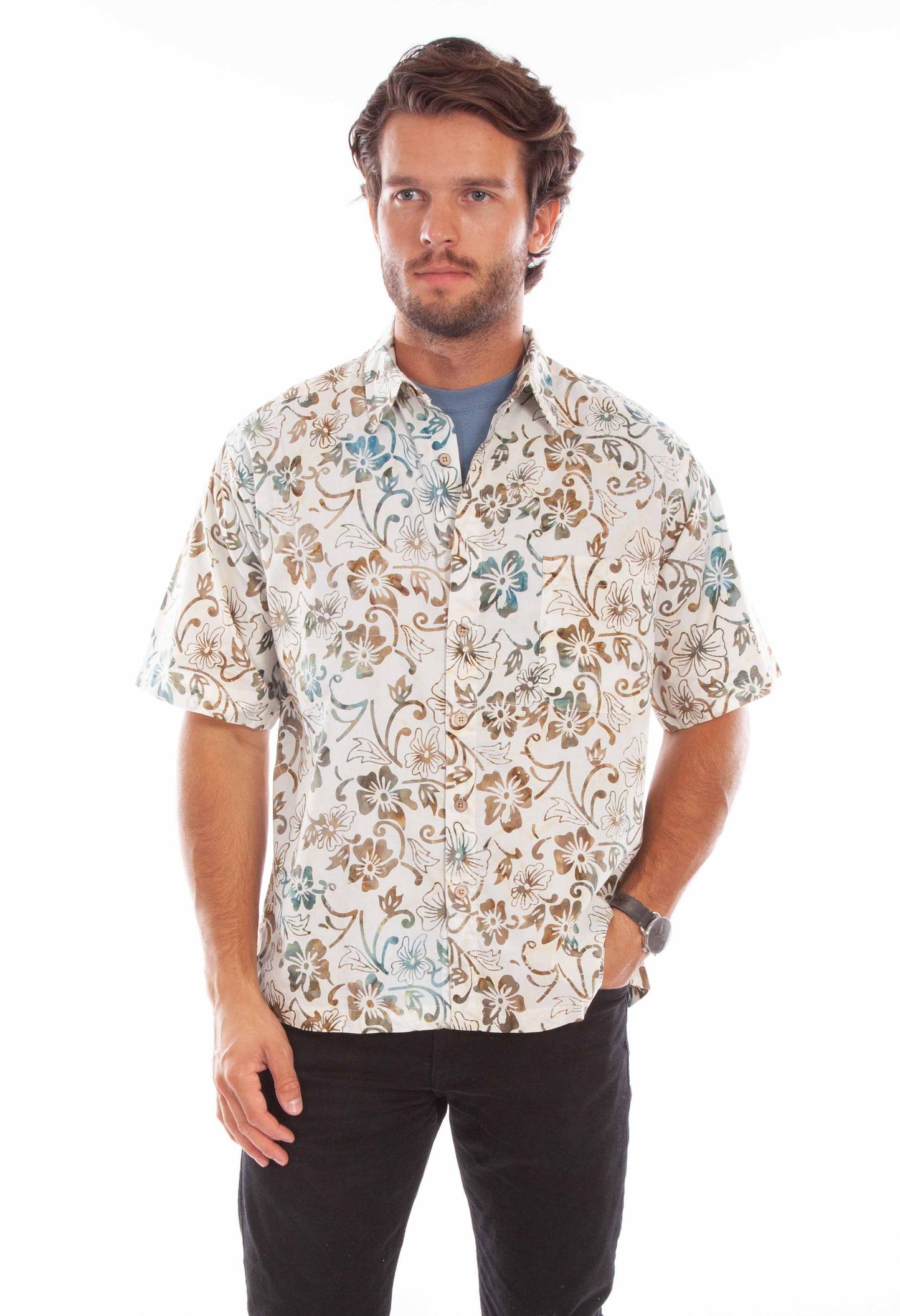 Scully Western Men's Batik Floral Print Shirt in Natural