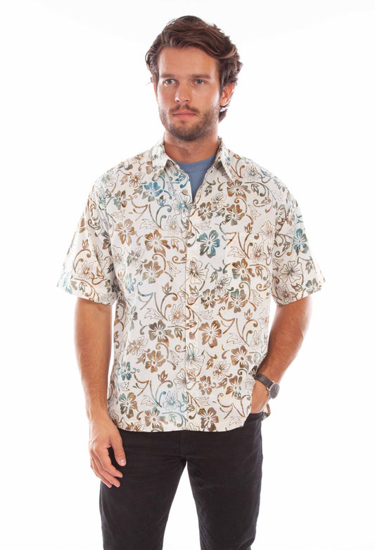 Scully Western Men's Batik Floral Print Shirt in Natural