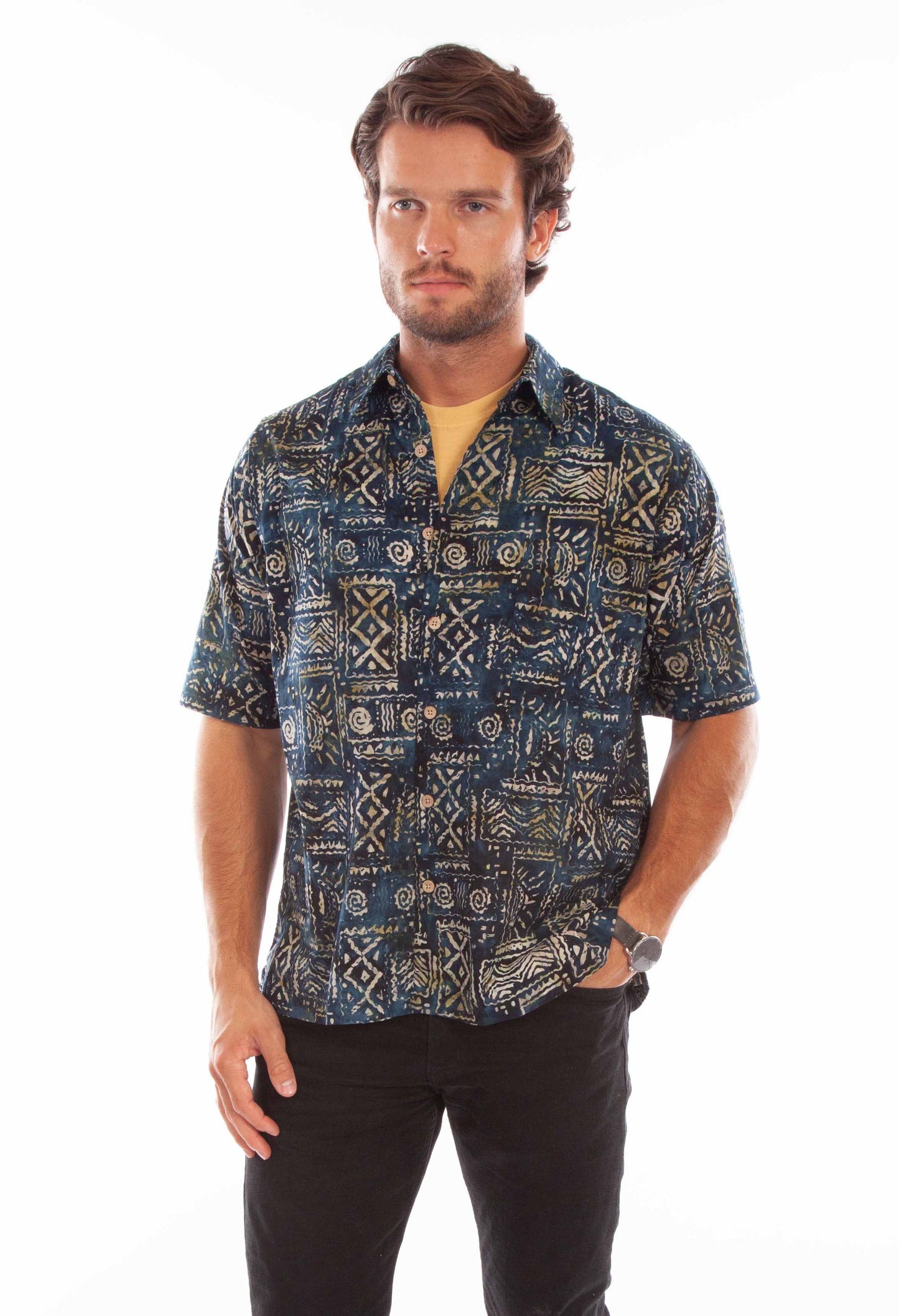 Scully Western Men's Batik Tribal Pattern Shirt in Navy