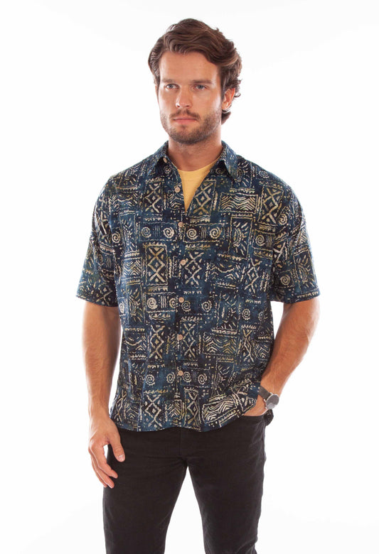 Scully Western Men's Batik Tribal Pattern Shirt in Navy