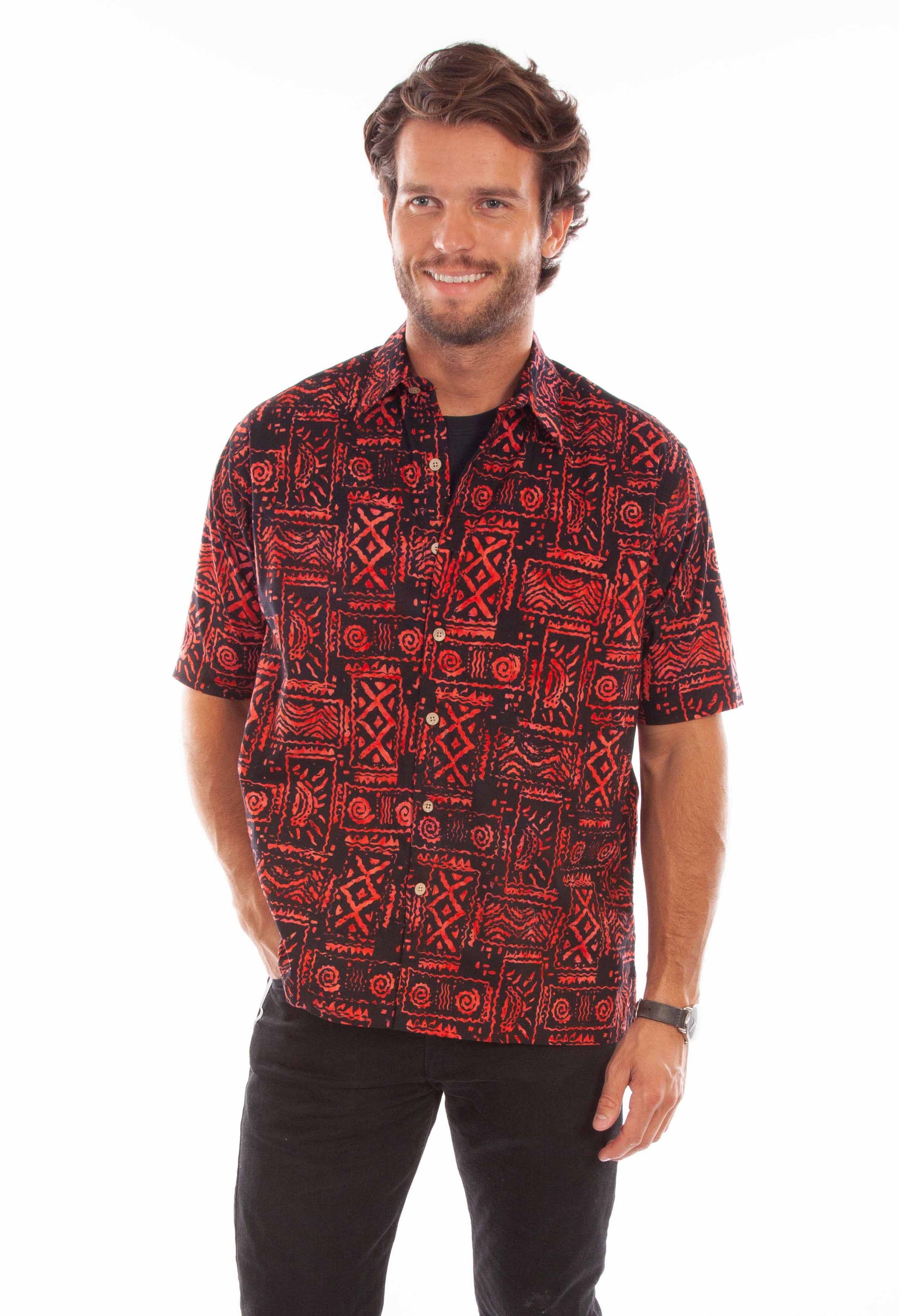 Scully Western Men's Batik Tribal Pattern Shirt in Red