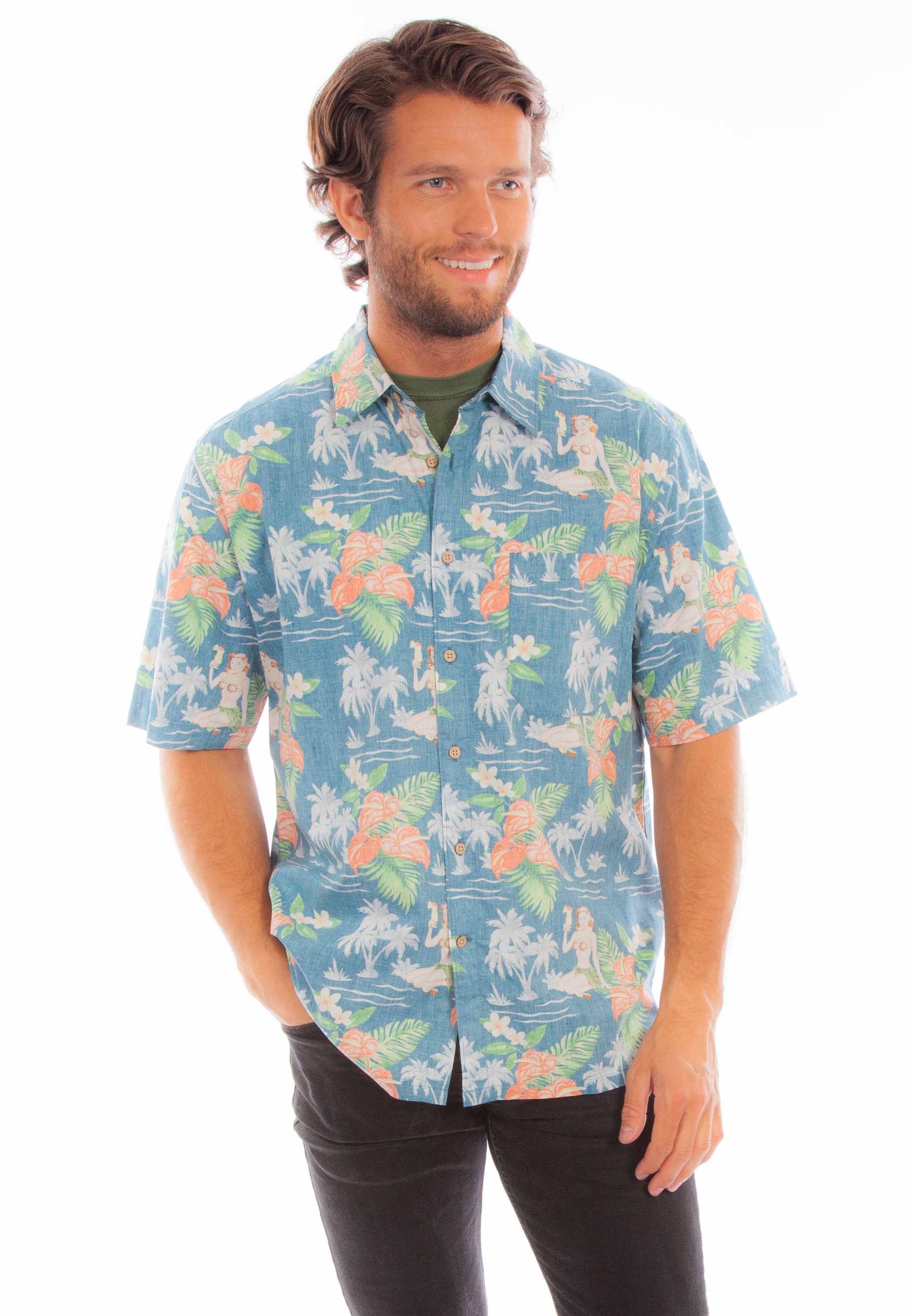 Scully Western Men's Hawaiian Coconut Shirt in Blue