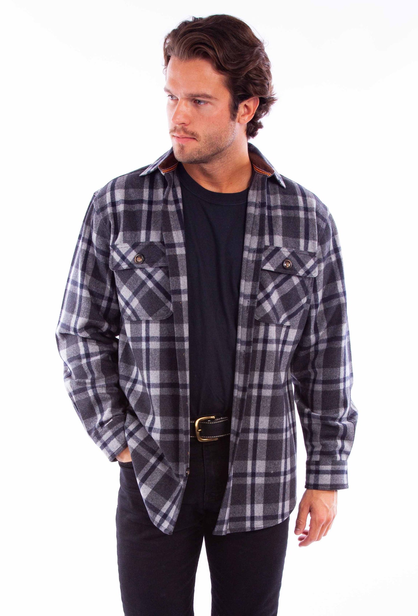 Scully Western Men's Heavy Weight Wool Blend Flannel Shirt in Charcoal