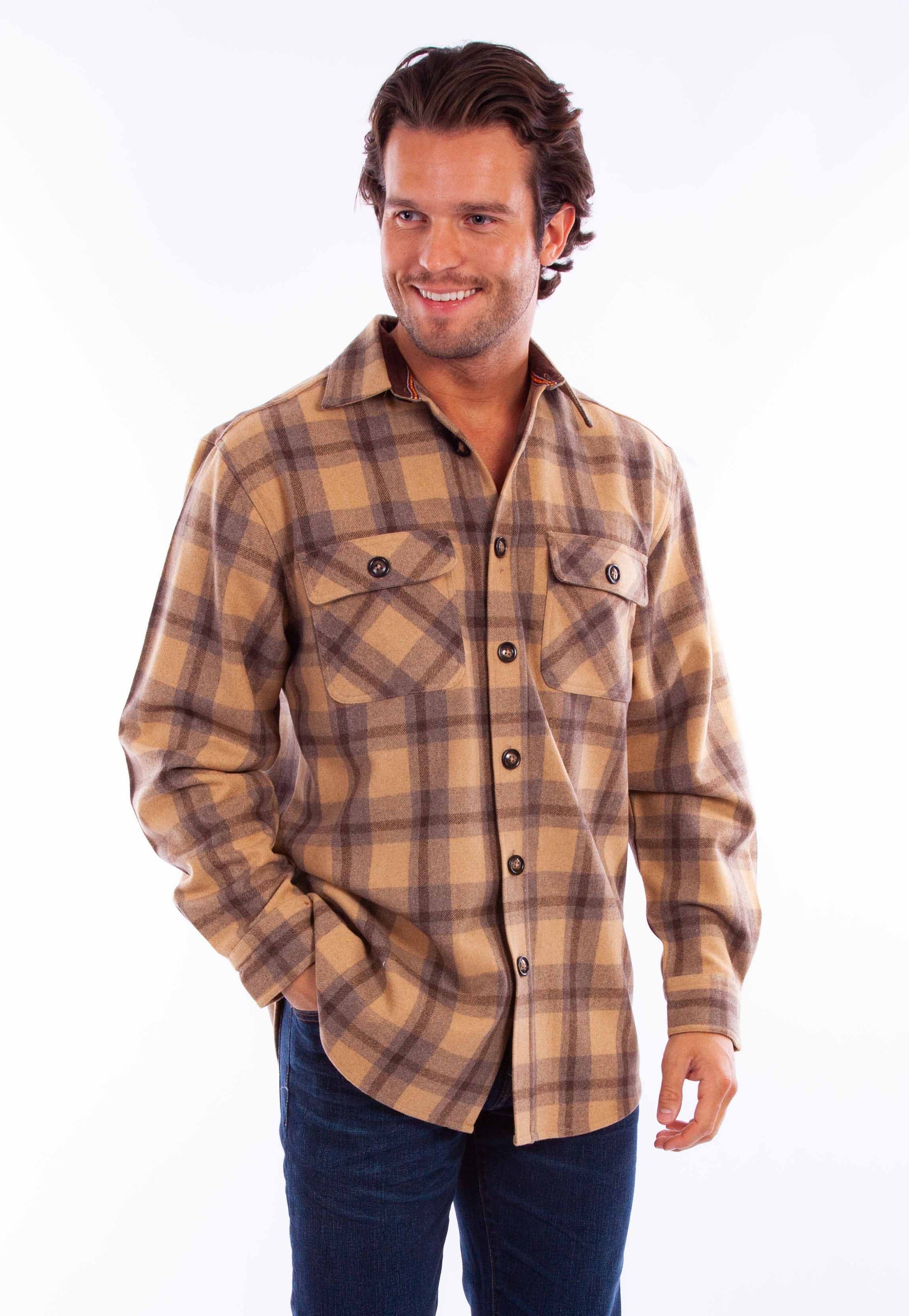 Scully Western Men's Heavy Weight Wool Blend Flannel Shirt in Tan