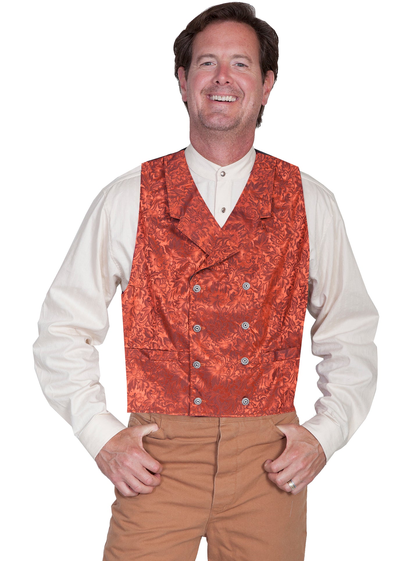 Scully Men's Wahmaker Floral Silk Double Breasted Vest in Rust