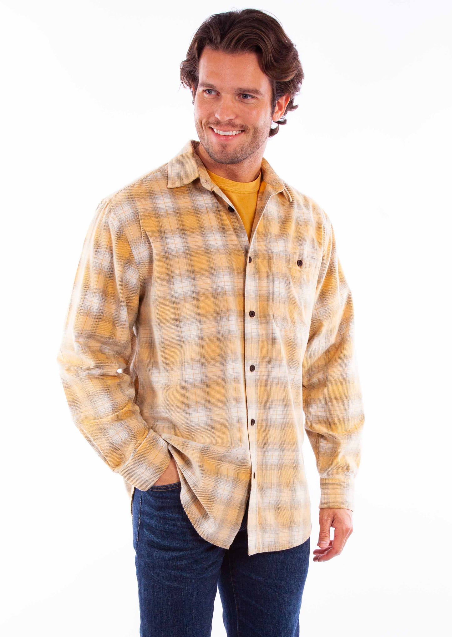 Scully Western Men's Corduroy Plaid Button Shirt in Natural