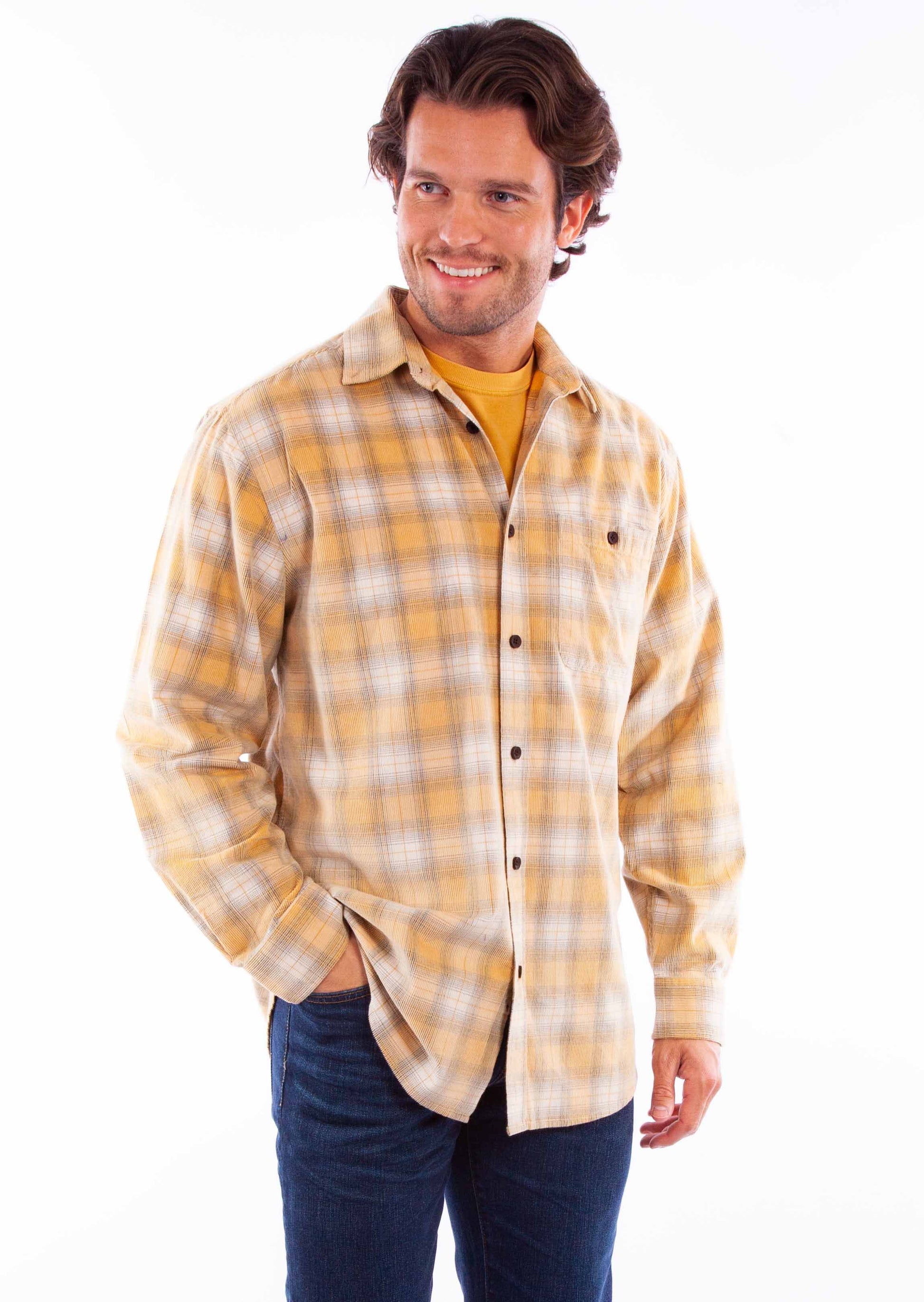 Scully Western Men's Corduroy Plaid Button Shirt in Natural
