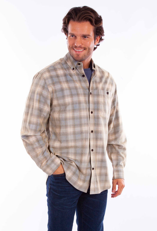 Scully Western Men's Corduroy Plaid Button Blue Tan Shirt in Blue-Tan