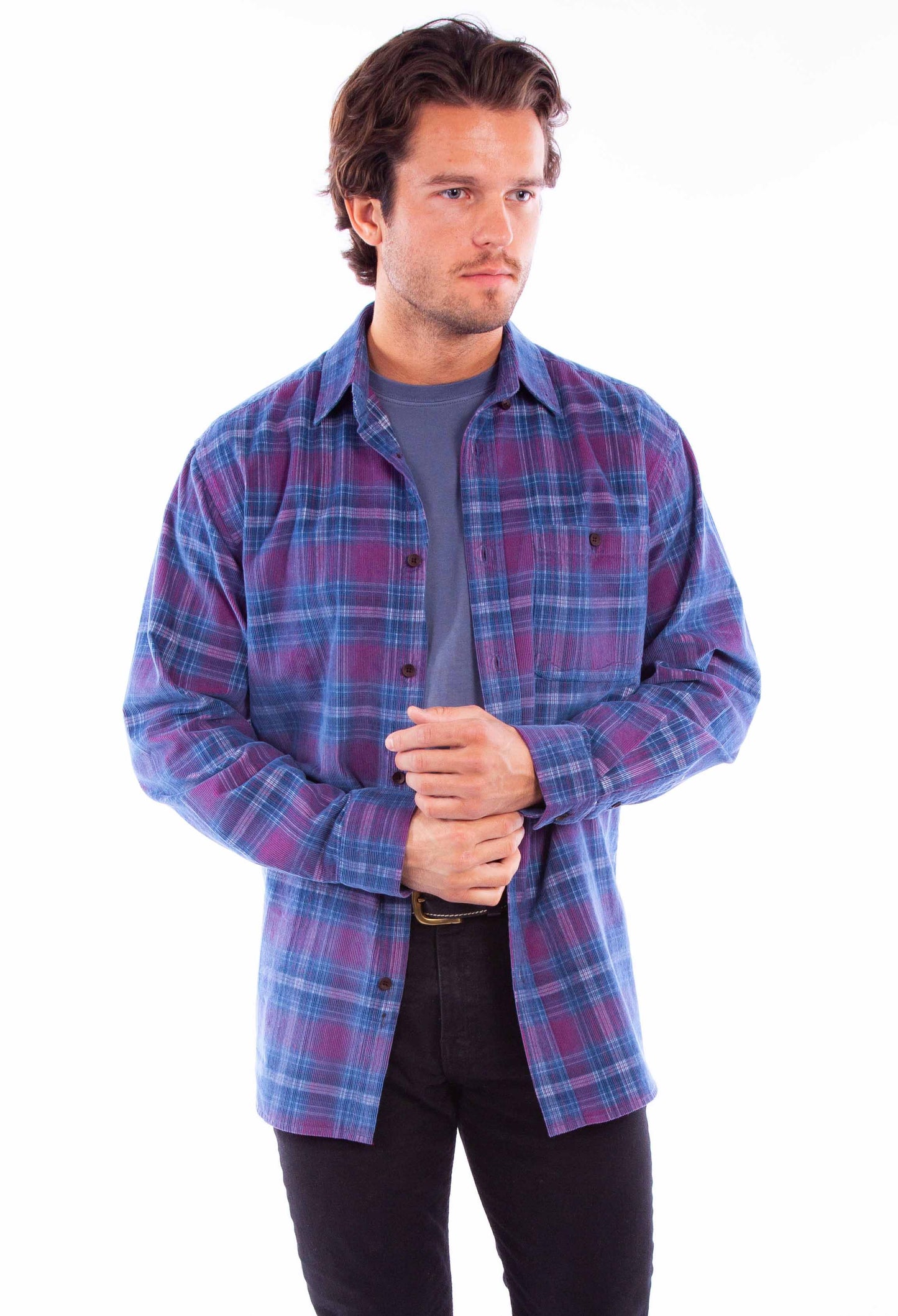 Scully Western Men's Corduroy Plaid Button Shirt in Red-Blue